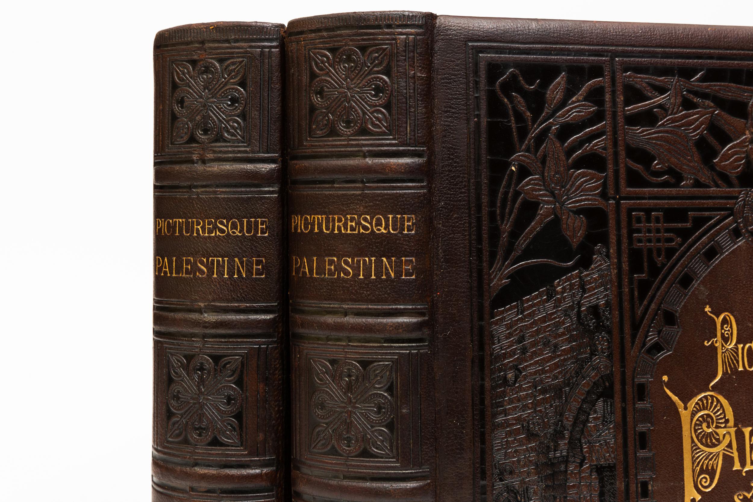 2 Volumes. (Travel) Picturesque Palestine, Sinai & Egypt. Edited by Col. Wilson and assisted by the most eminent Palestine Explorers. bound in full brown morocco, all edges gilt, raised bands, ornate gilt on covers and spines, marbled endpapers,