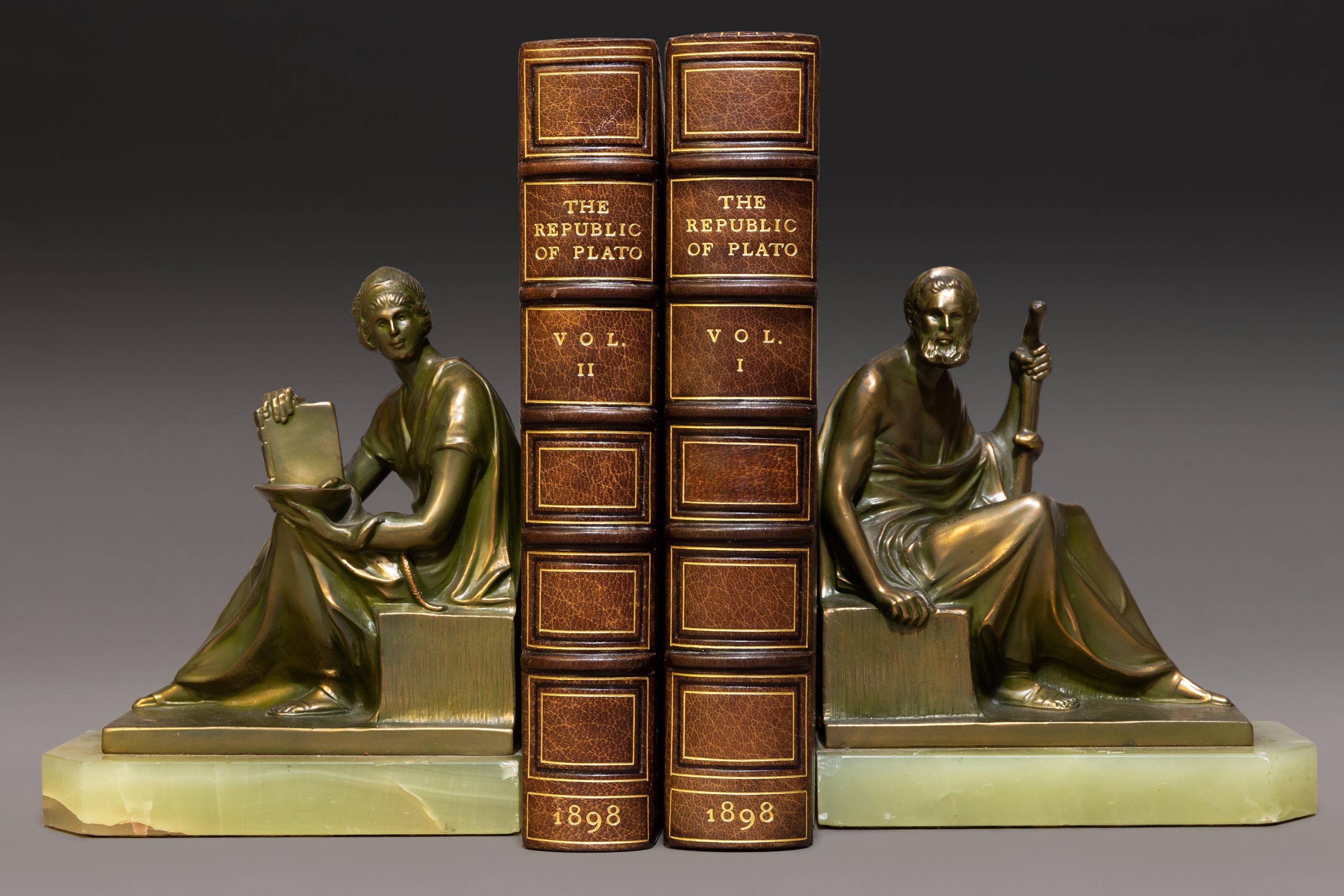 2 Volumes. Plato. The Republic. Printed from the Translation of John Llewlyn Davies & David James Vaughan. Bound in full green morocco. Ornate gilt detailing on spines and covers, raised bands, all edges gilt, inner dentelles. 
Published: London: