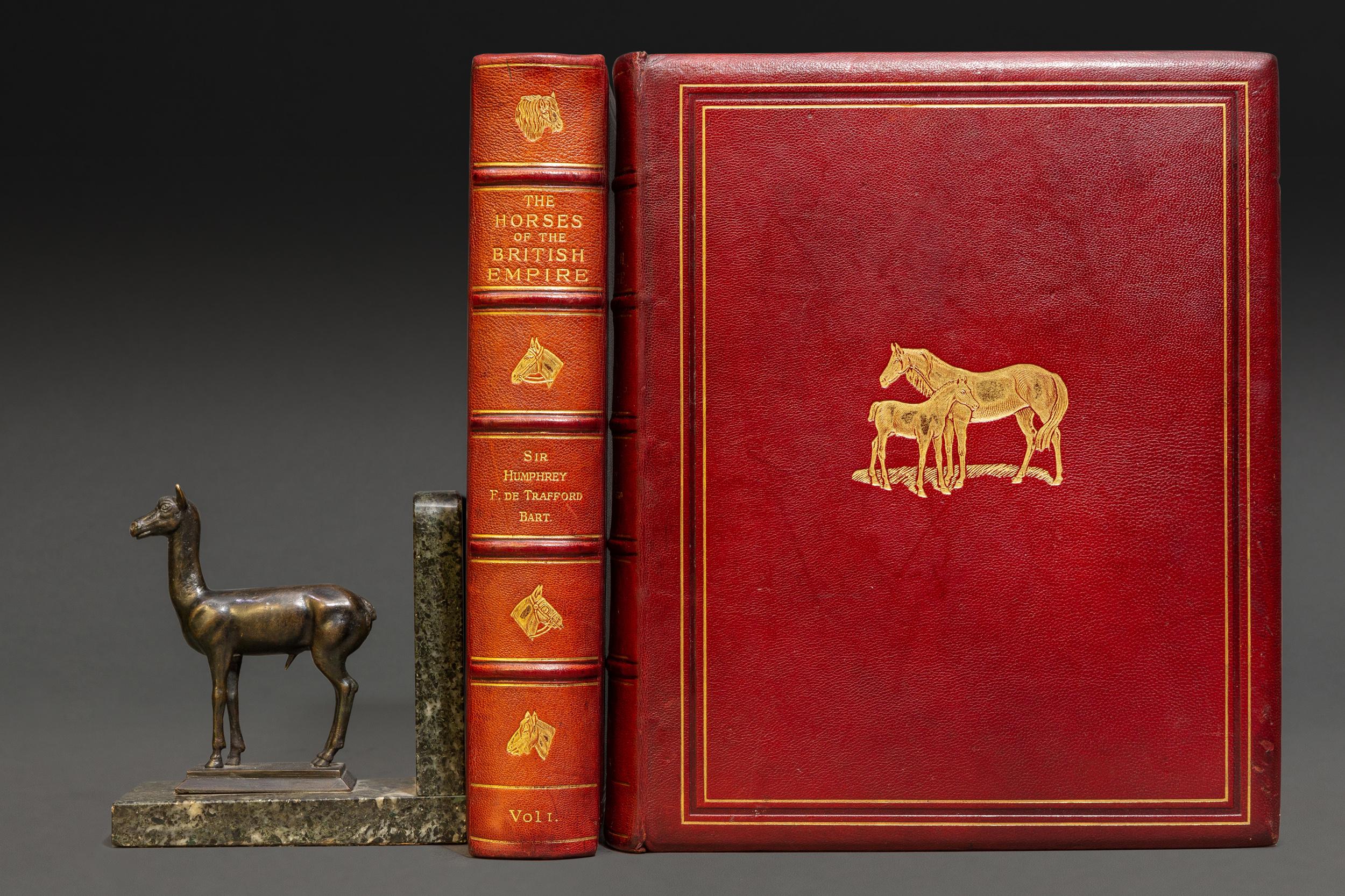 2 Volumes. Sir Humphrey F. de Trafford. The Horses of the British Empire. With frontispiece. Bound in full red morocco. Gilt on spines and covers, raised bands, all edges gilt, marbled endpapers, inner dentelles, numerous illustrations. 
Published: