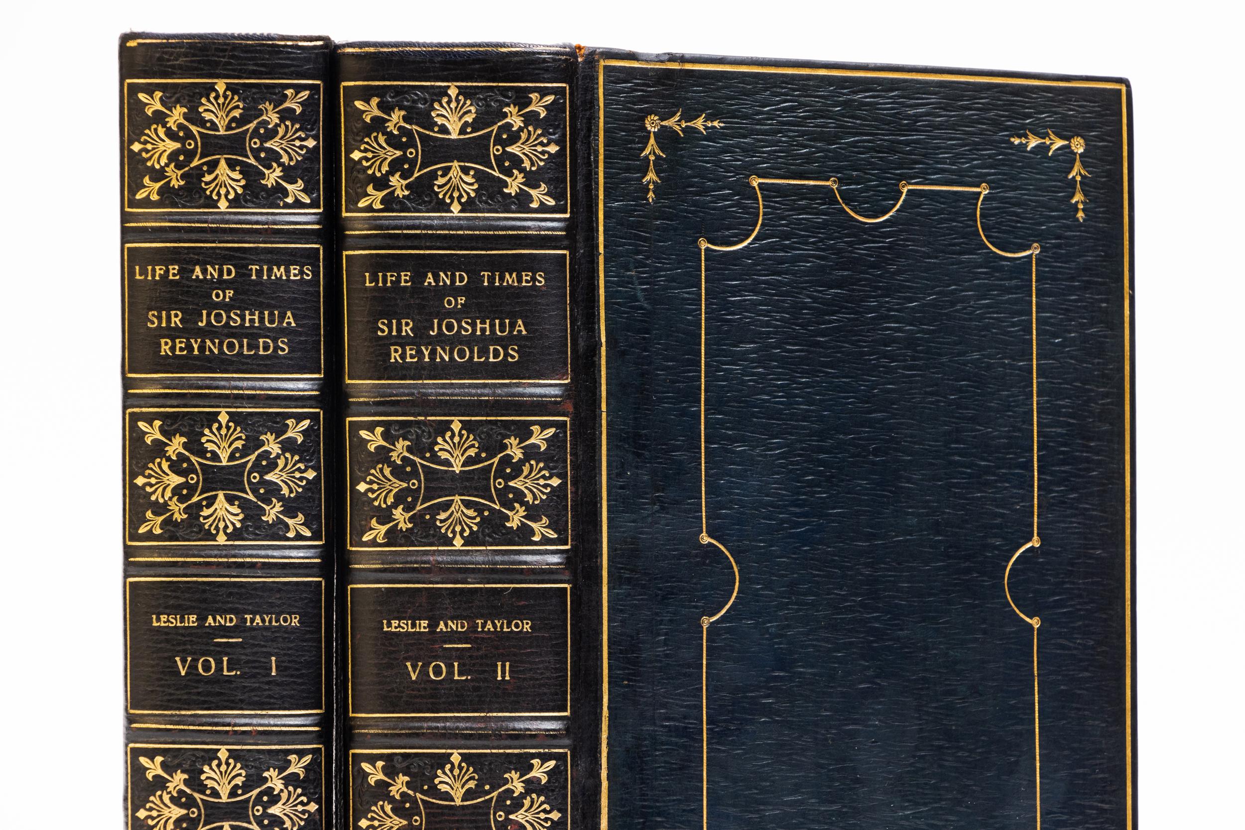 2 Volumes. Sir Joshua Reynolds, Life and Times of Sir Joshua Reynolds. Bound in full blue morocco. Decorative gilt tooling on covers. Raised bands. Decorative gilt-tooling on spines. All edges gilt. Marbled endpapers. Illustrated. Published: London;