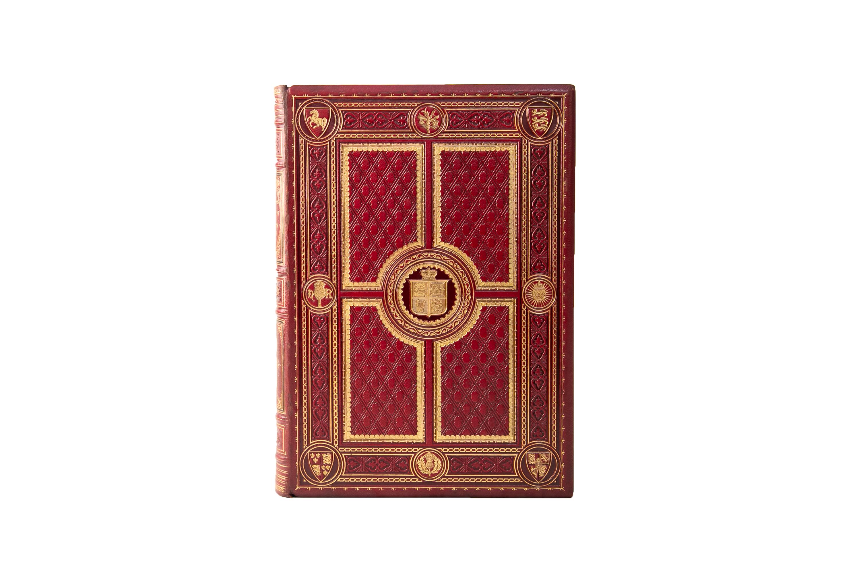 2 Volumes, Thomas Archer, Pictures and Royal Portraits Illustrative of English and Scottish History. Bound in the publisher's pezux binding in full red morocco with the covers displaying incredibly ornate and detailed gilt and open tooling depicting