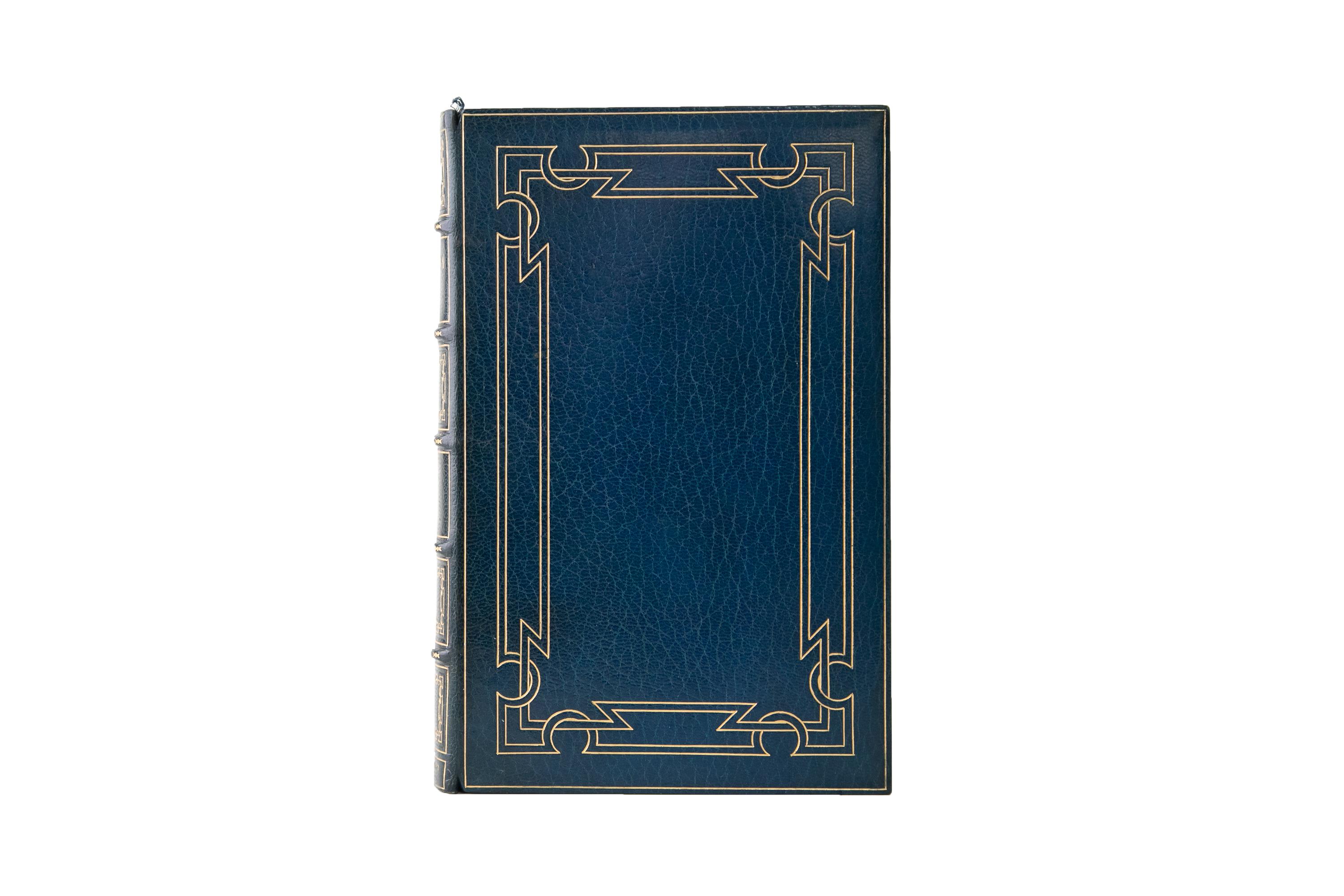2 Volumes. W. Fraser Rae, Sheridan: A Bibliography. Extra-Illustrated Edition. Bound by Bayntun in full blue morocco with the covers displaying an intricate gilt-tooled border. The spines display raised bands, intricate panel bordering, and label