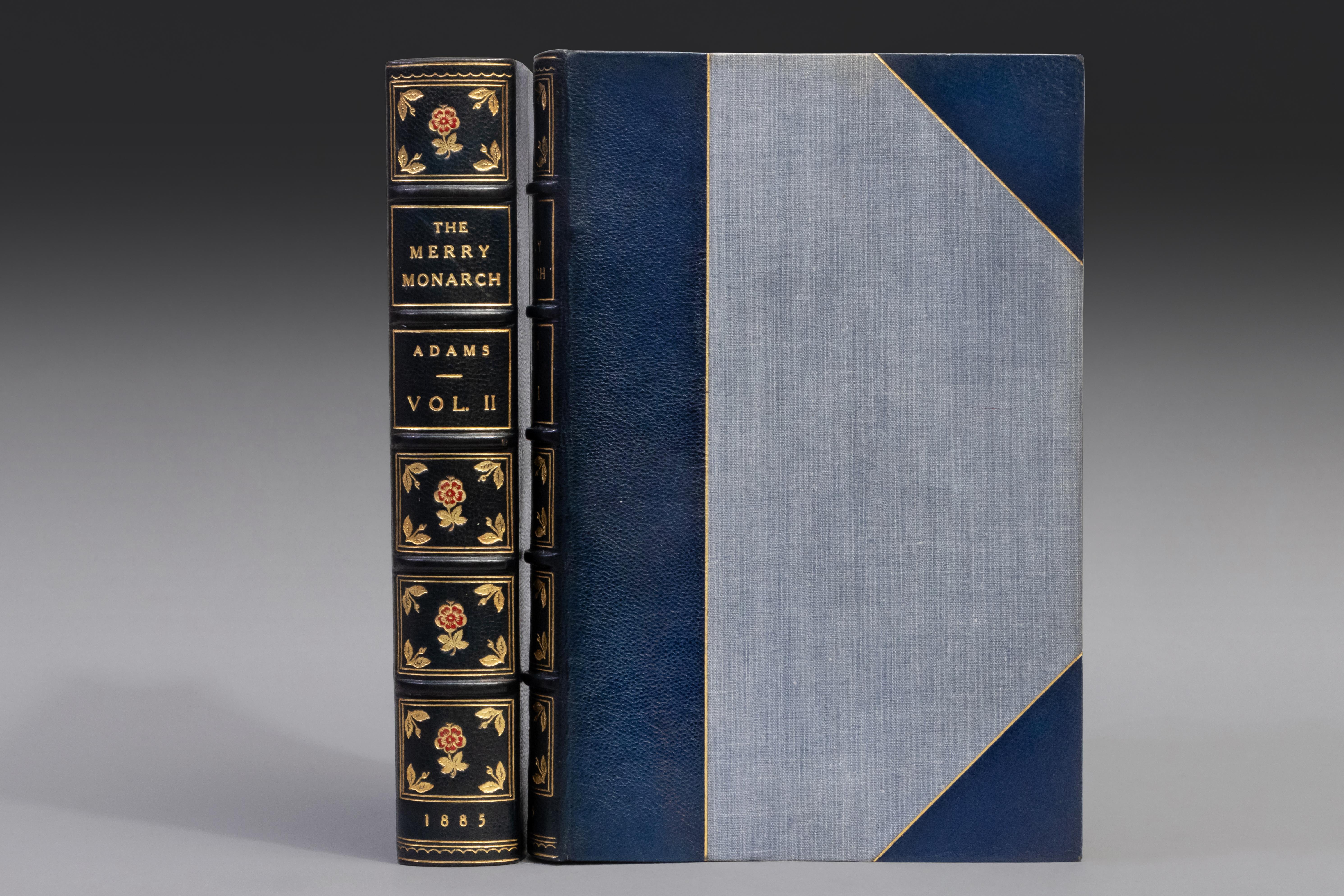 2 Volumes. W.H. Davenport Adams, The Merry Monarch; or, England Under Charles II. Bound in 3/4 blue morocco by Stikeman & Co. Morocco booklabel and large bookplate of Henry Clay Frick. Top edges gilt. Raised bands. Red morocco inlays on spine.