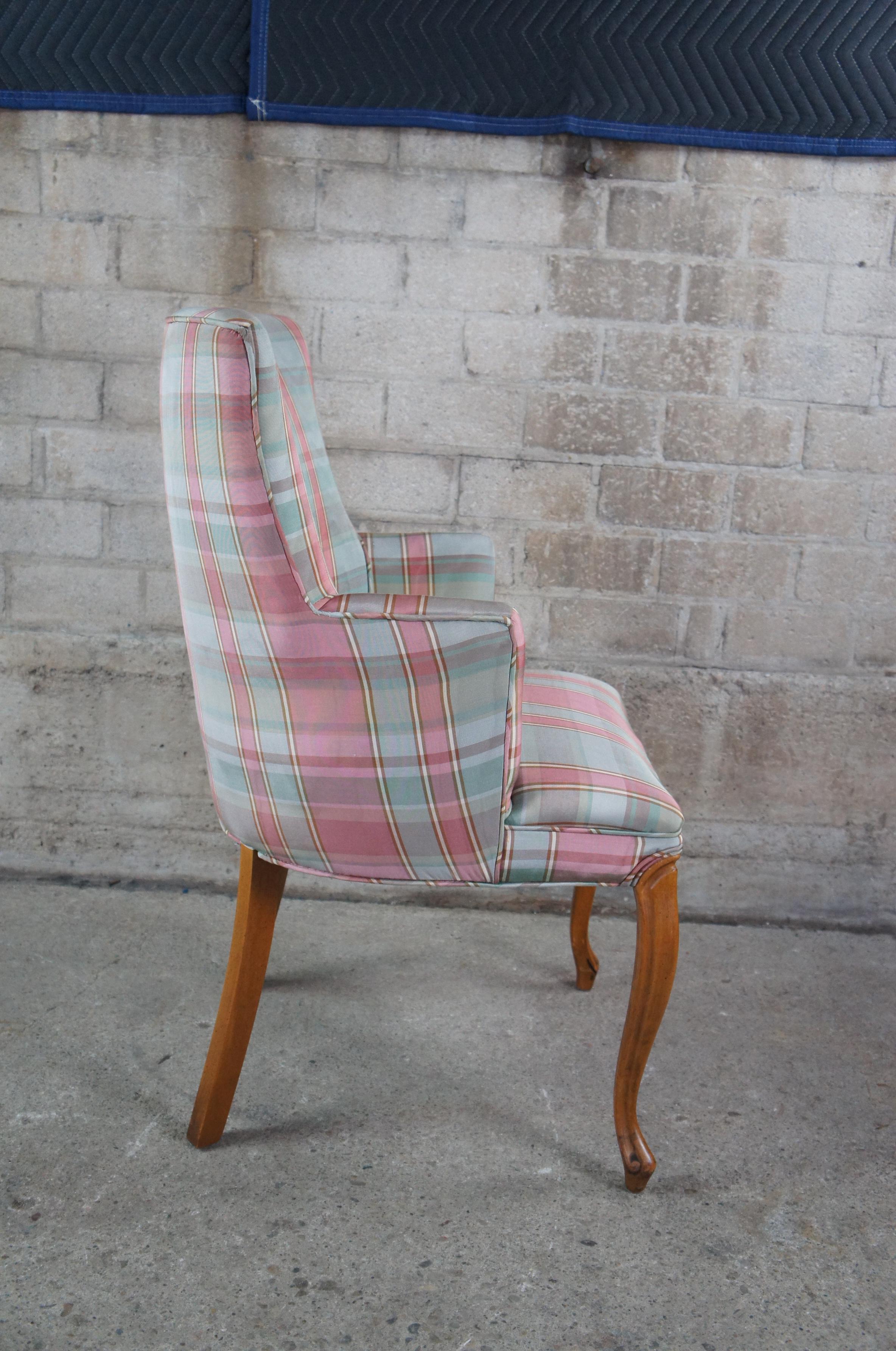 French Provincial 2 Vtg French Half Arm Serpentine Silk Plaid Accent Chairs Library Club Dining