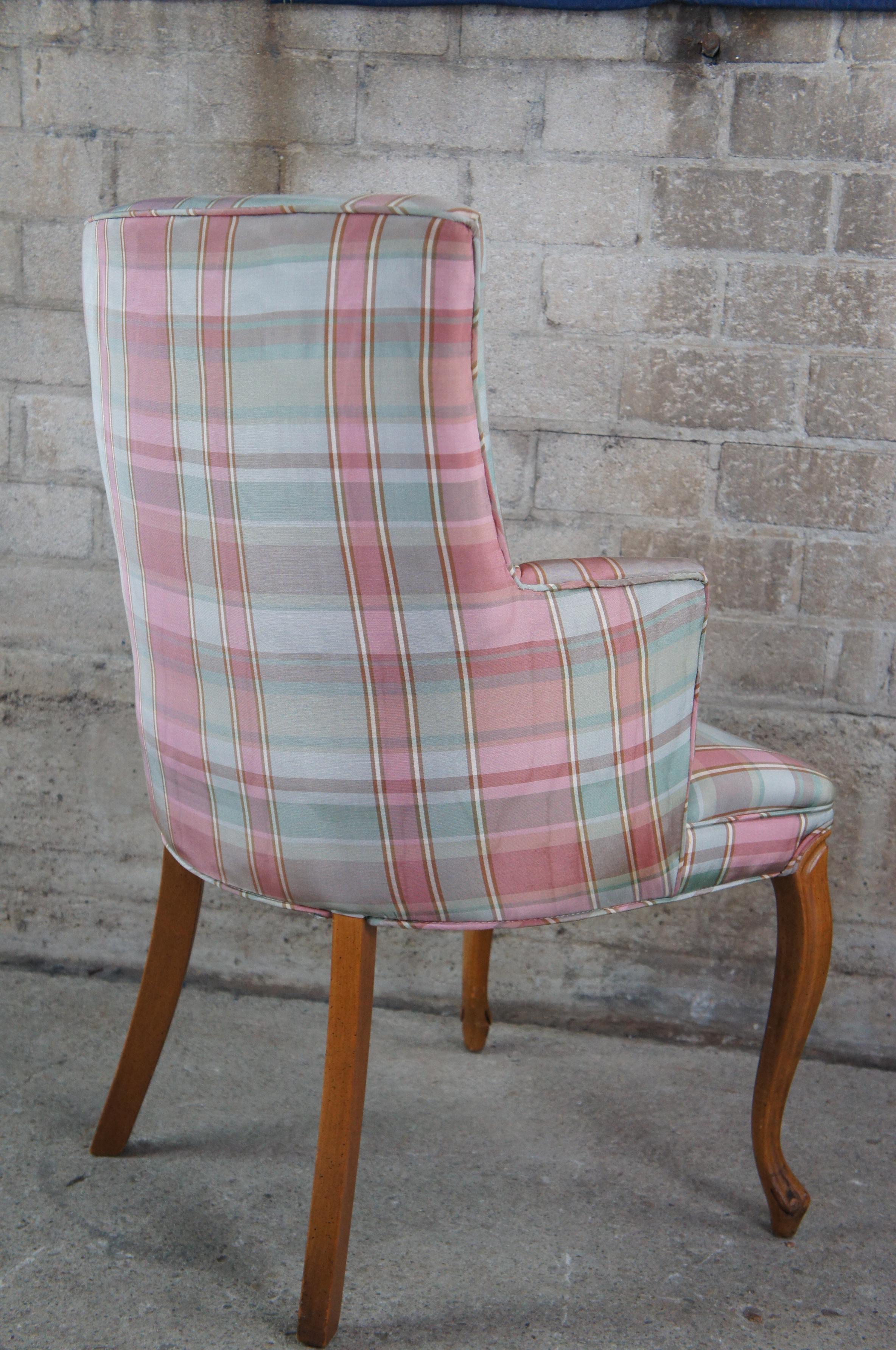 2 Vtg French Half Arm Serpentine Silk Plaid Accent Chairs Library Club Dining In Good Condition In Dayton, OH