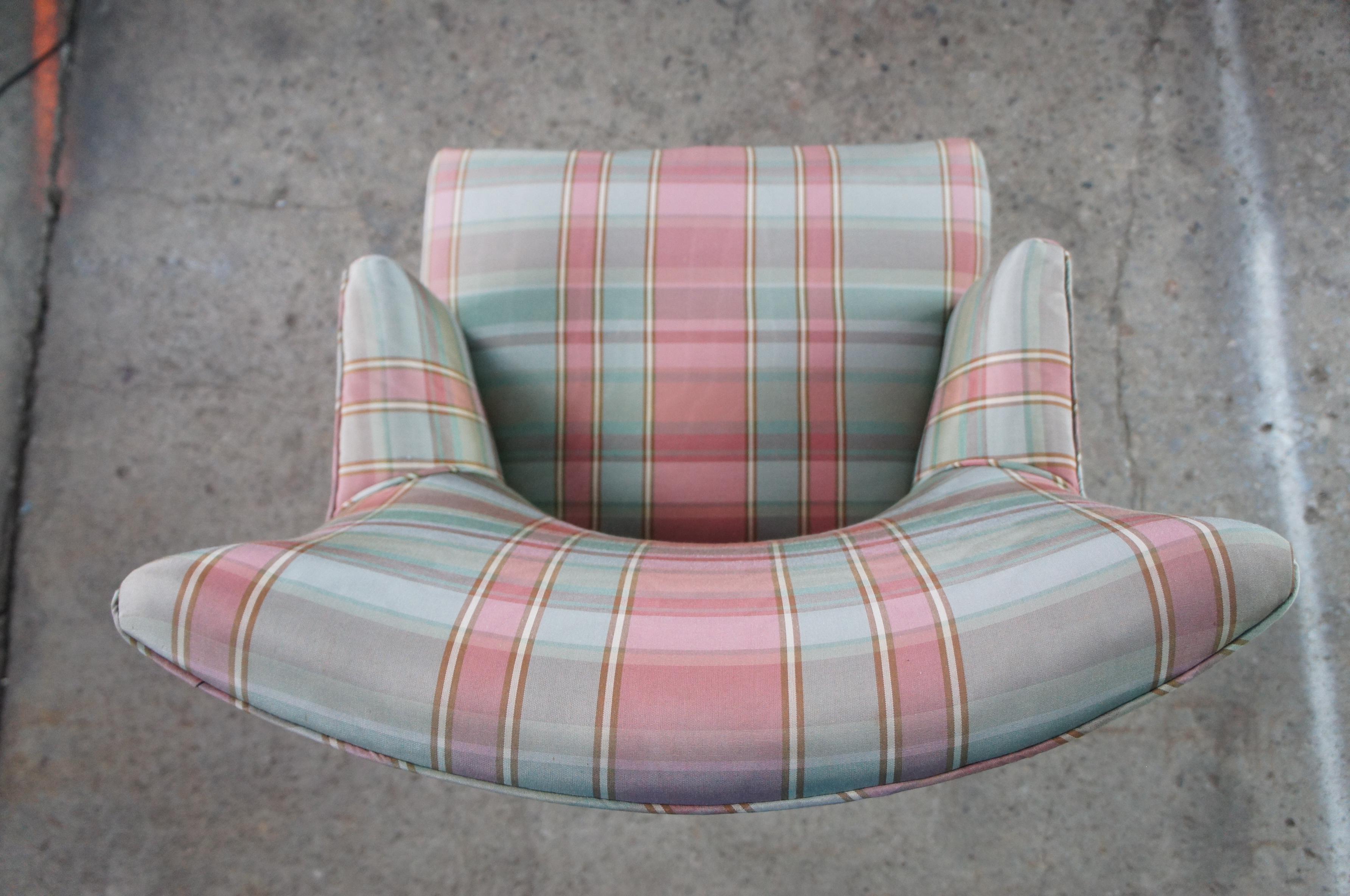 20th Century 2 Vtg French Half Arm Serpentine Silk Plaid Accent Chairs Library Club Dining