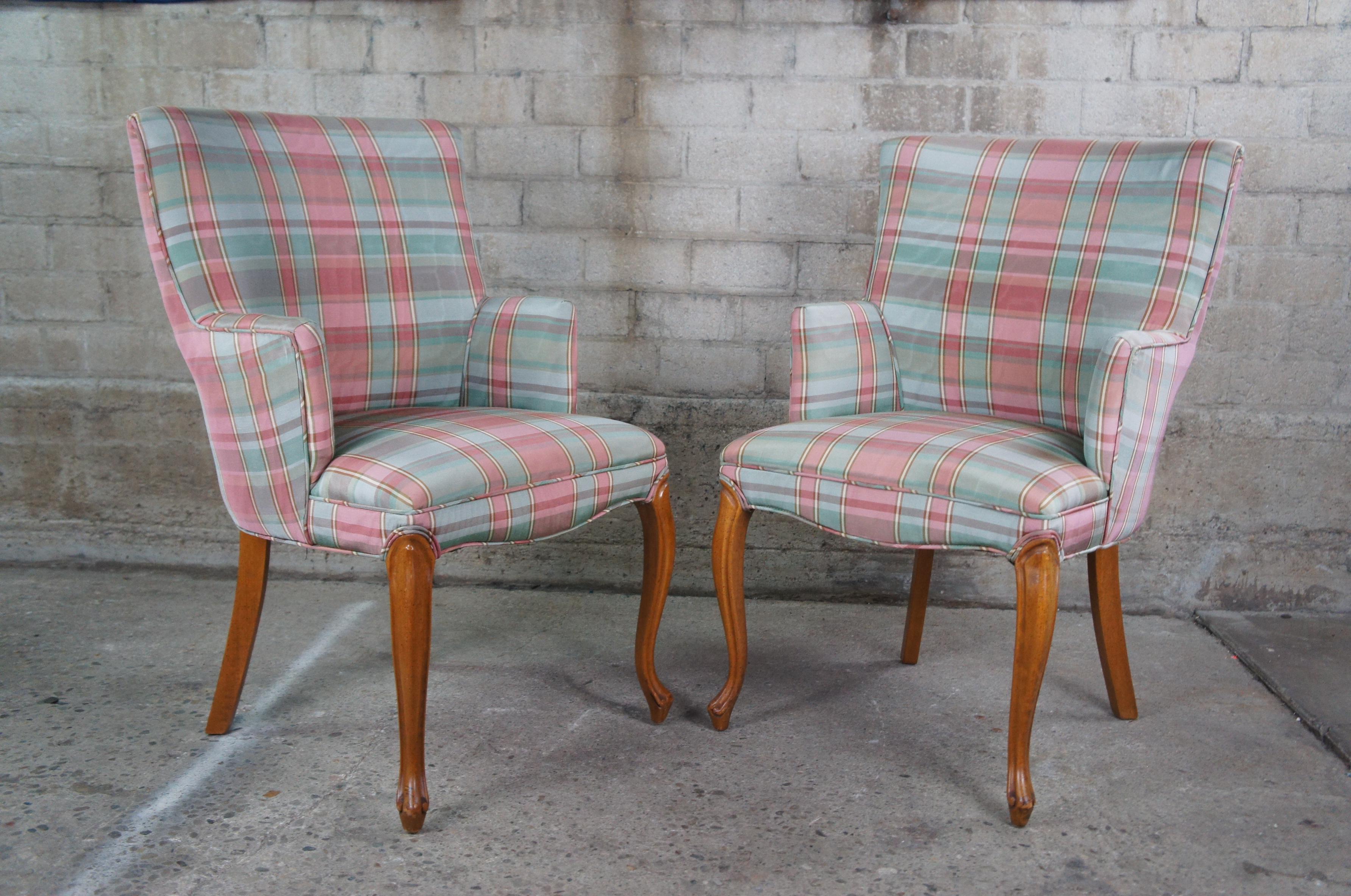2 Vtg French Half Arm Serpentine Silk Plaid Accent Chairs Library Club Dining 3