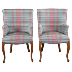 2 Vtg French Half Arm Serpentine Silk Plaid Accent Chairs Library Club Dining