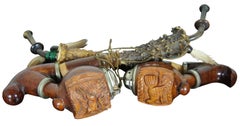 2 Vtg German Carved Wood & Buck Horn Antler Bruyere Black Forest Hunters Pipes