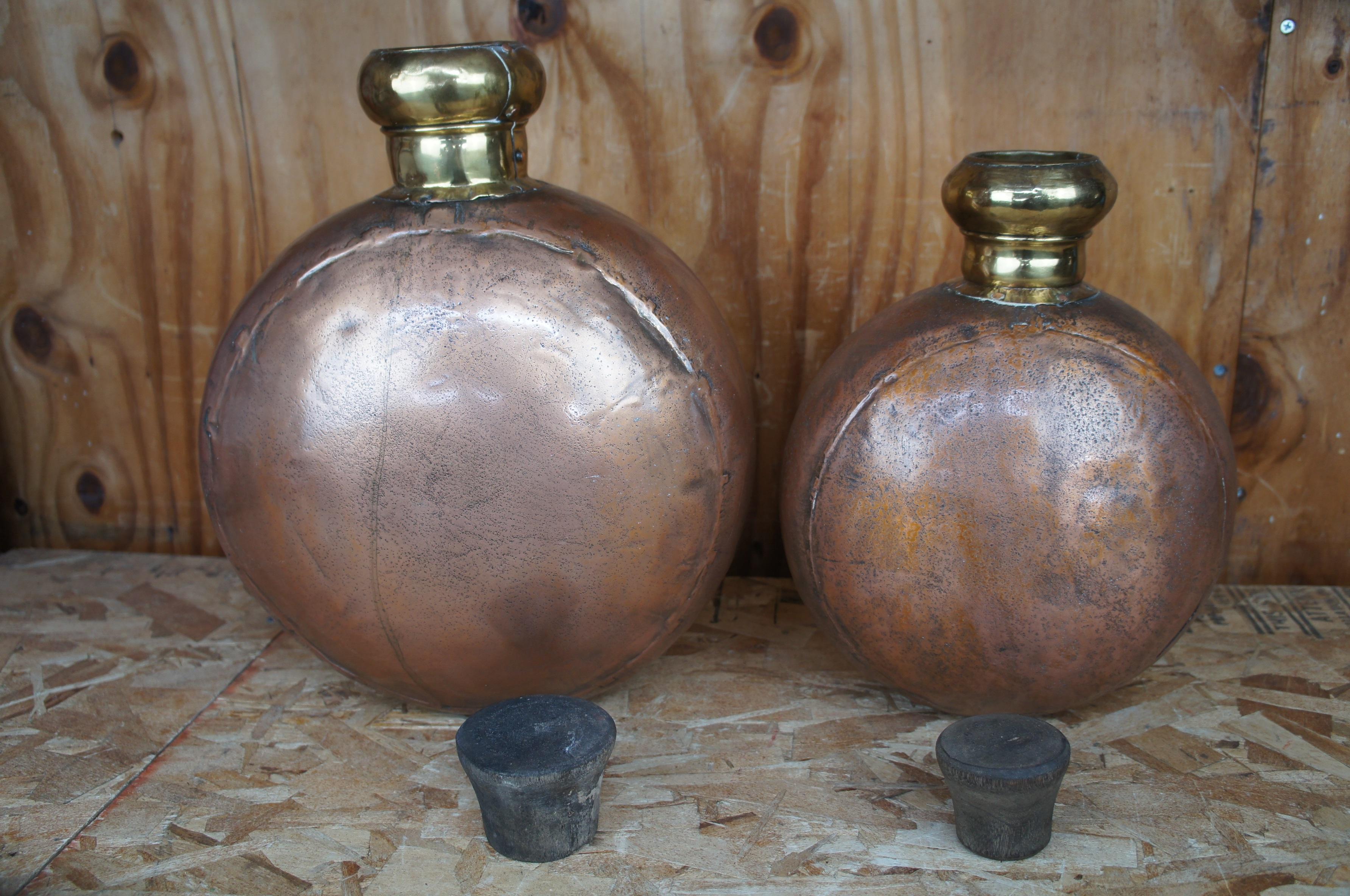 20th Century 2 Vtg Indian Dovetailed Copper Water Canteen Jug Flask Vessel Bottles W Cork For Sale