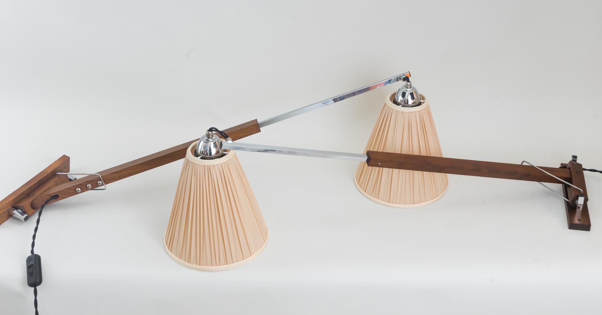 Mid-Century Modern 2 Wall Lamps Almost Same Teakwood and Chrome Parts 'Almost Same Lamps', 1950s