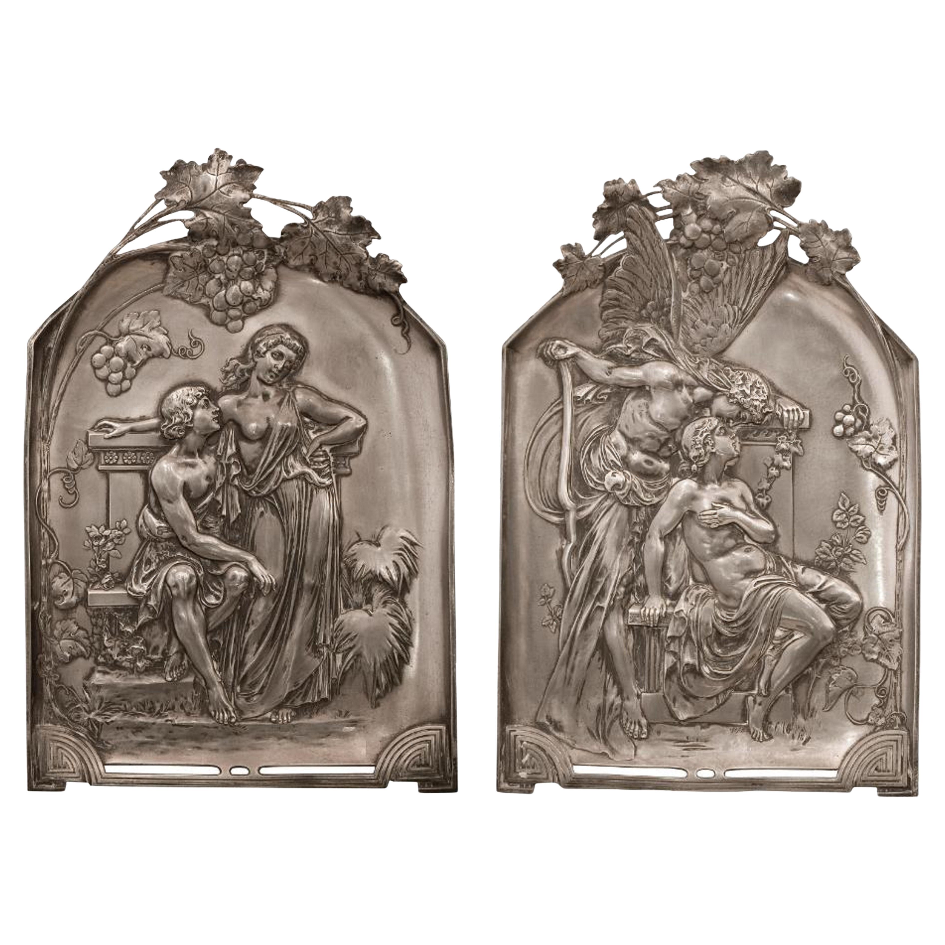 2 piatti da parete WMF, tedesco, 1909 in argento placcato, Jugendstil, Art Nouveau