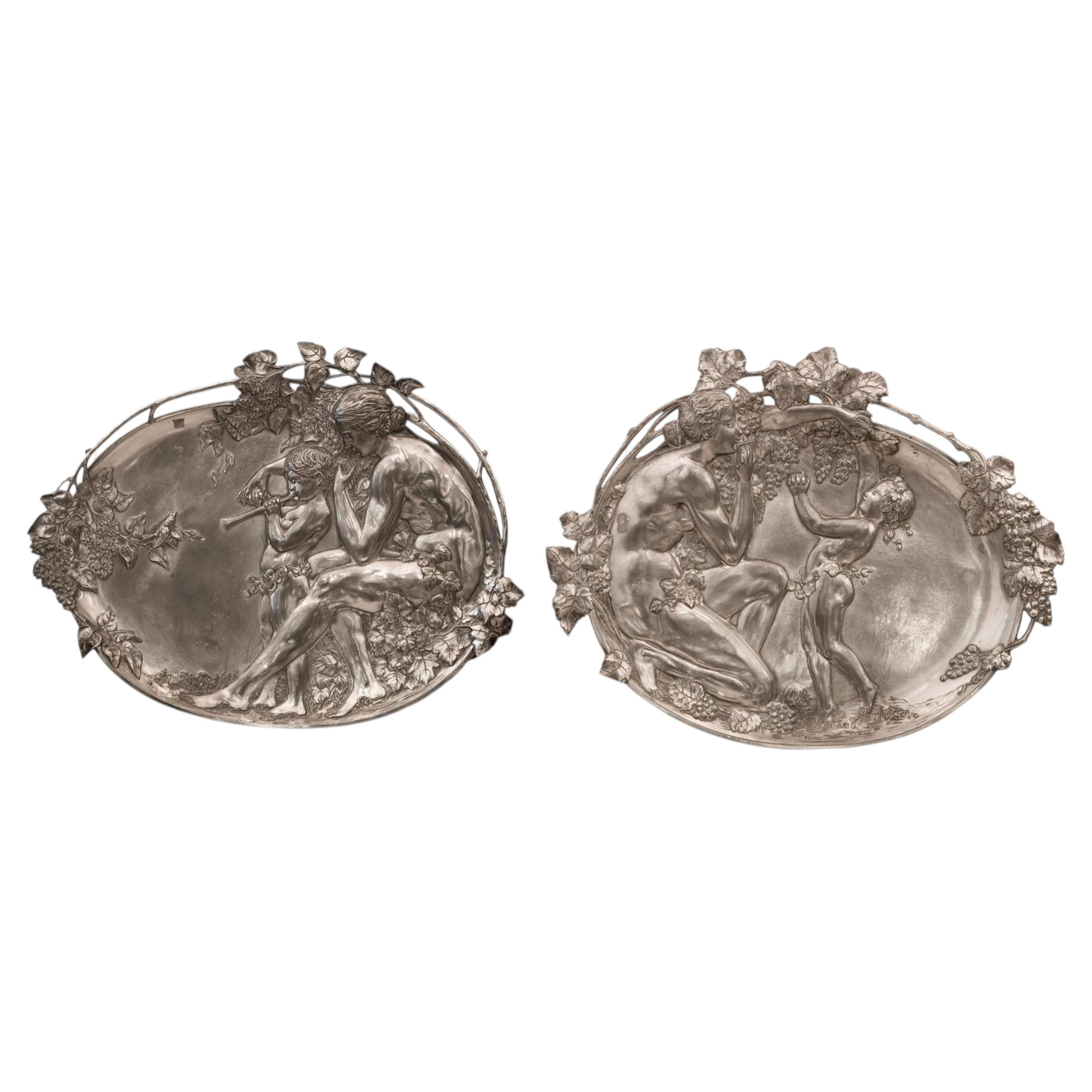 2 Wall Plates WMF, German, 1909 in Silver Plated, Jugendstil, Art Nouveau