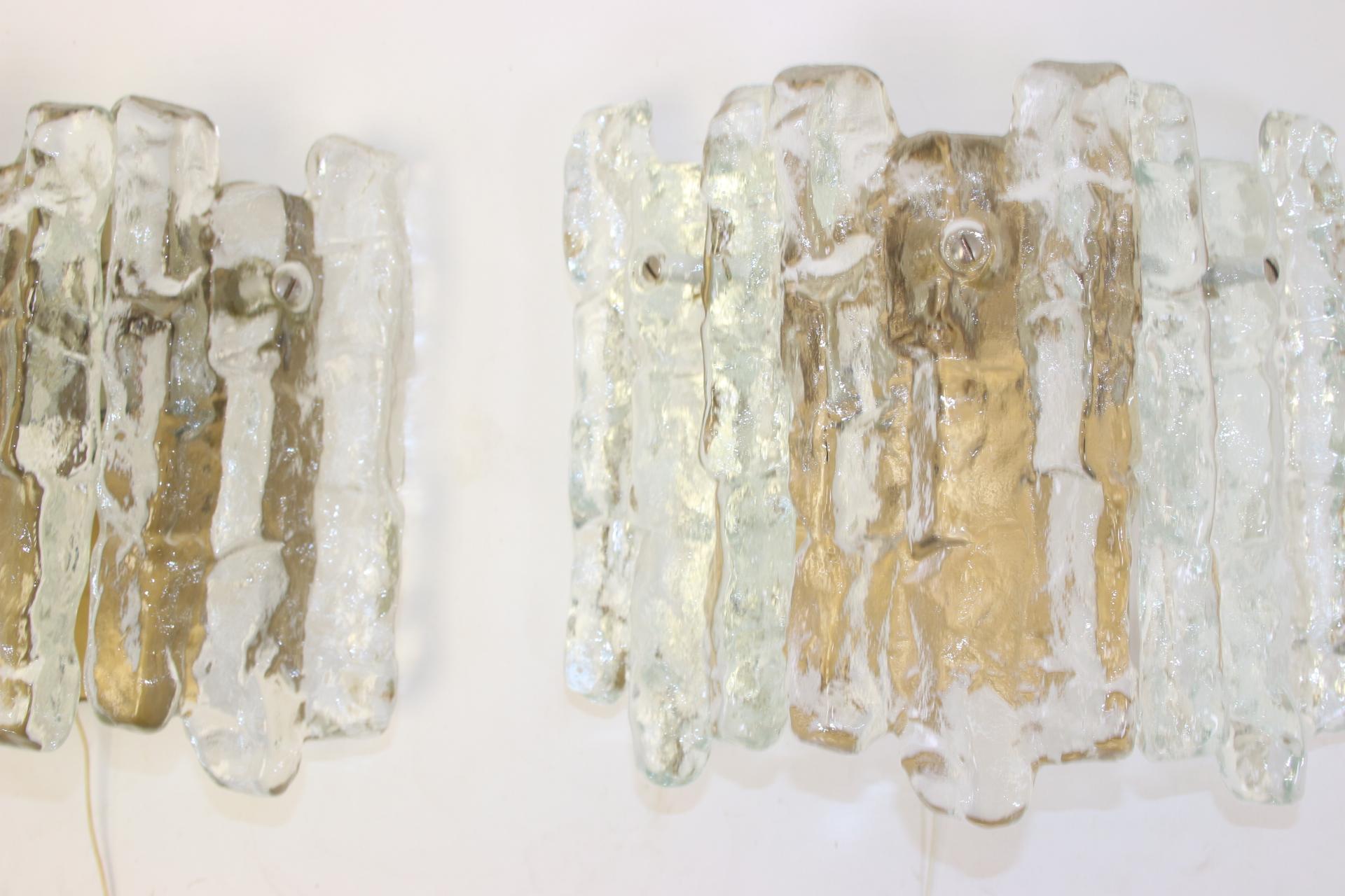 Mid-Century Modern 2 Wall Ys Glass Lamps from JT Kalmar Ice Glass Wall Lamps with 2 Light Points