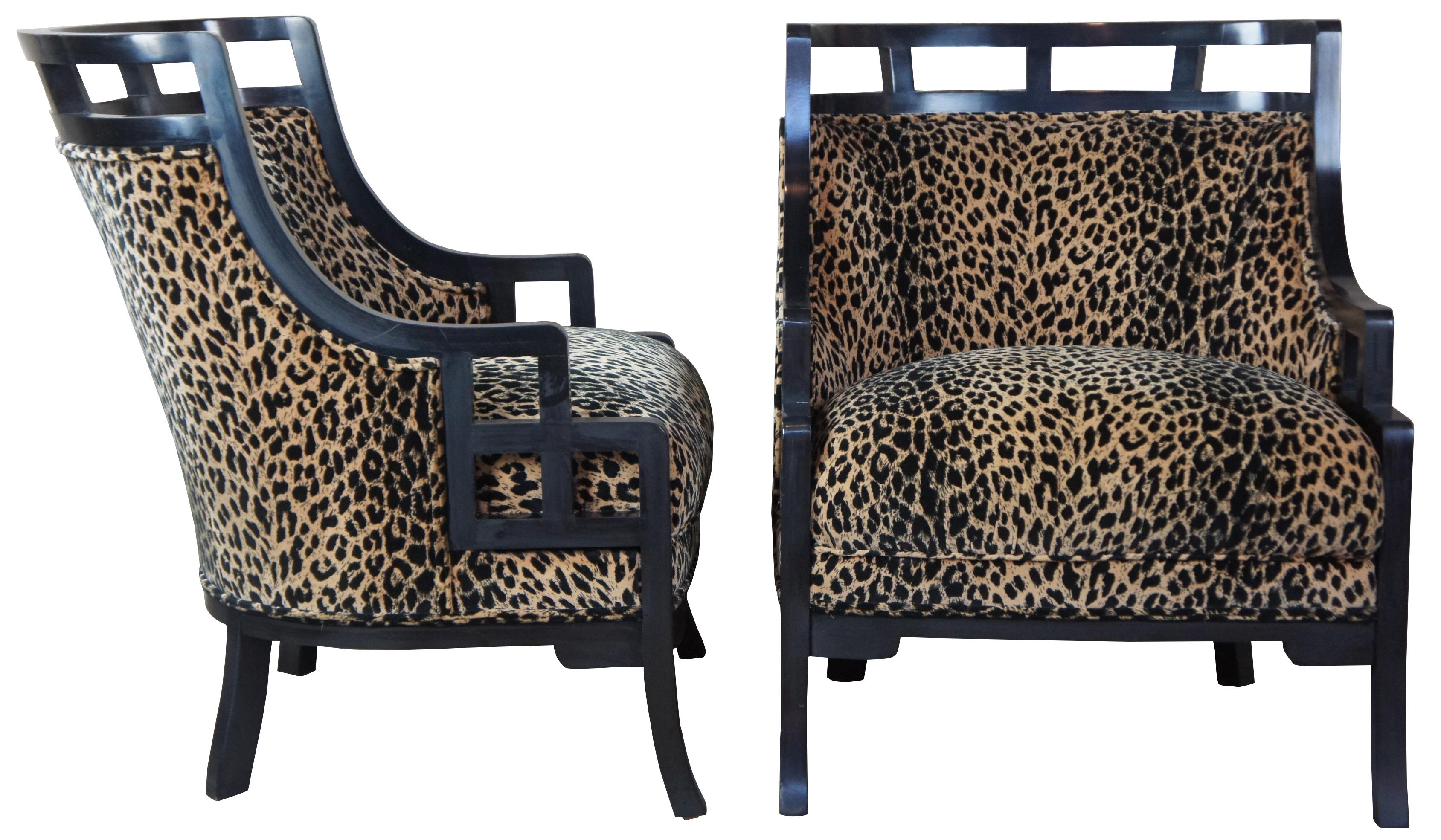 Two Wallis Simpson club, library or accent chairs from the Special Effects line by Jay Spectre for Century Furniture. Modern styling with a black lacquer finish and Cheetah fabric. 
 