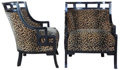 2 Wallis Simpson Cheetah Barrel Club Lounge Chairs Jay Spectre for Century MCM