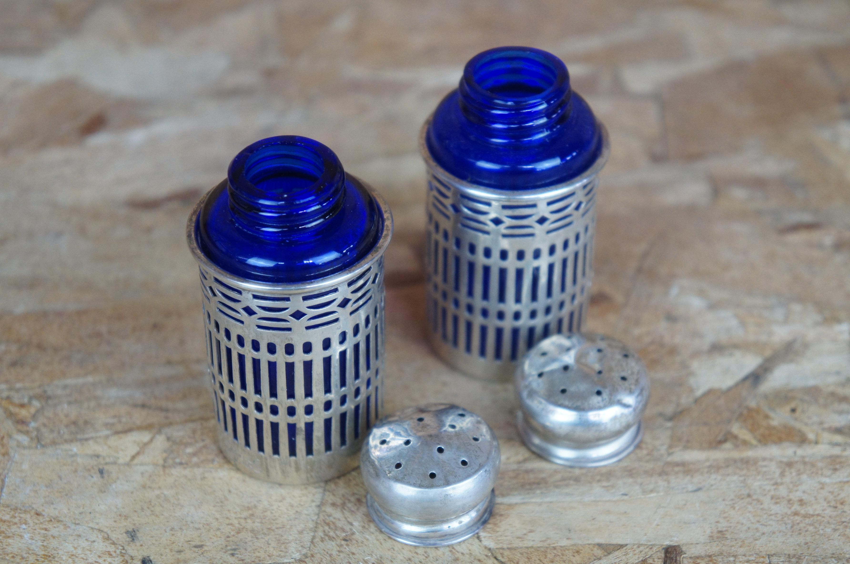 2 Webster Sterling Silver Reticulated Filigree Cobalt Glass Salt Pepper Shakers 1