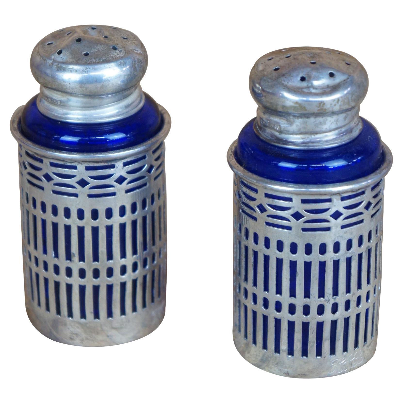 2 Webster Sterling Silver Reticulated Filigree Cobalt Glass Salt Pepper Shakers