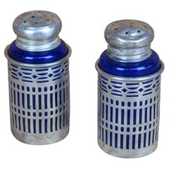 Antique 2 Webster Sterling Silver Reticulated Filigree Cobalt Glass Salt Pepper Shakers
