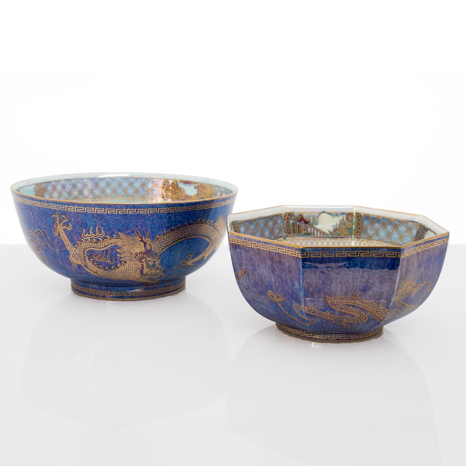 Two very finely decorated Wedgwood Fairyland Lustre bowls designed by Daisy Makeig-Jones. Both bowls depicts gold dragons on the exterior, a blue and gold dragon at the inside center with 3 smaller dragons. Excellent condition, diameter: 8.25