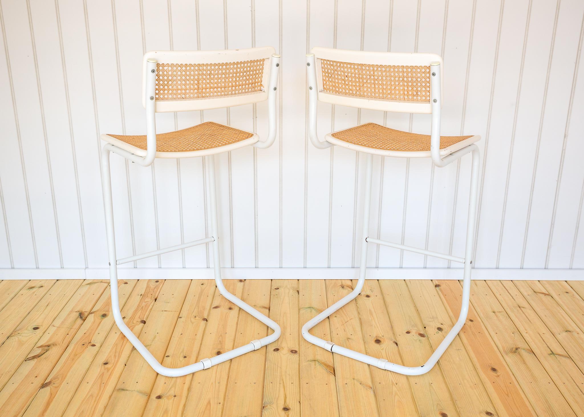 2 White Cesca Barstools Marcel Breuer B64 S64 Bauhaus Rattan Bar Chair MCM 1970s im Angebot 3