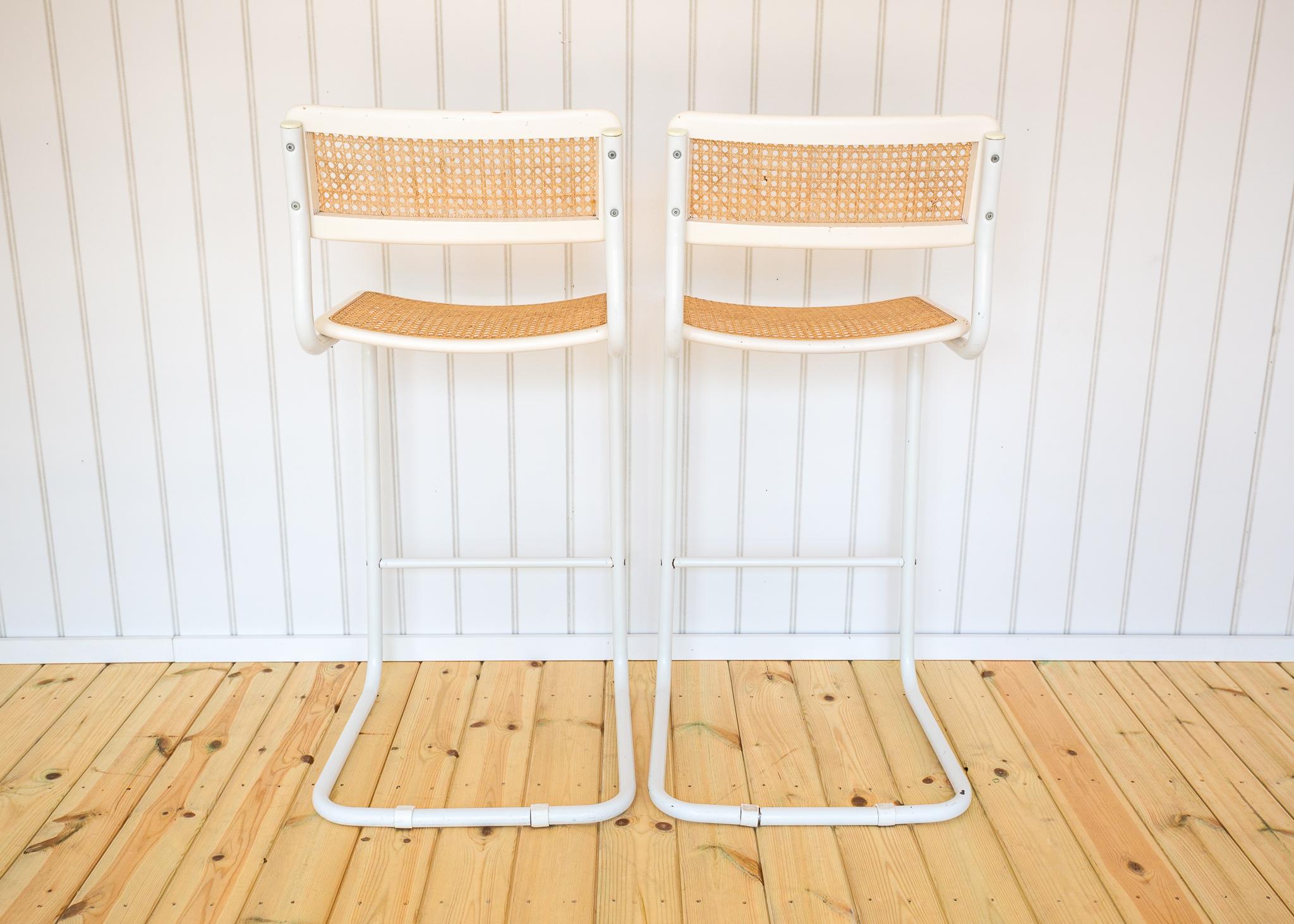 2 White Cesca Barstools Marcel Breuer B64 S64 Bauhaus Rattan Bar Chair MCM 1970s im Angebot 11