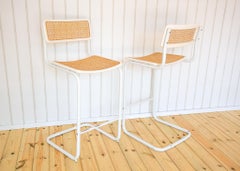 2 White Cesca Barstools Marcel Breuer B64 S64 Bauhaus Rattan Bar Chair MCM 1970s