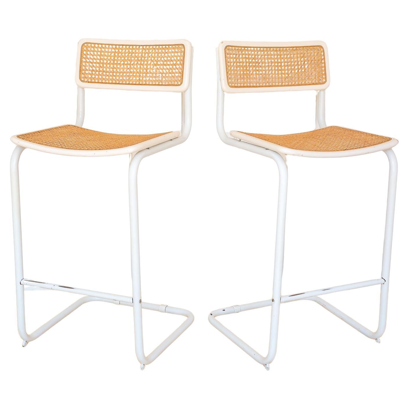 2 White Cesca Barstools Marcel Breuer B64 S64 Bauhaus Rattan Bar Chair MCM 1970s im Angebot