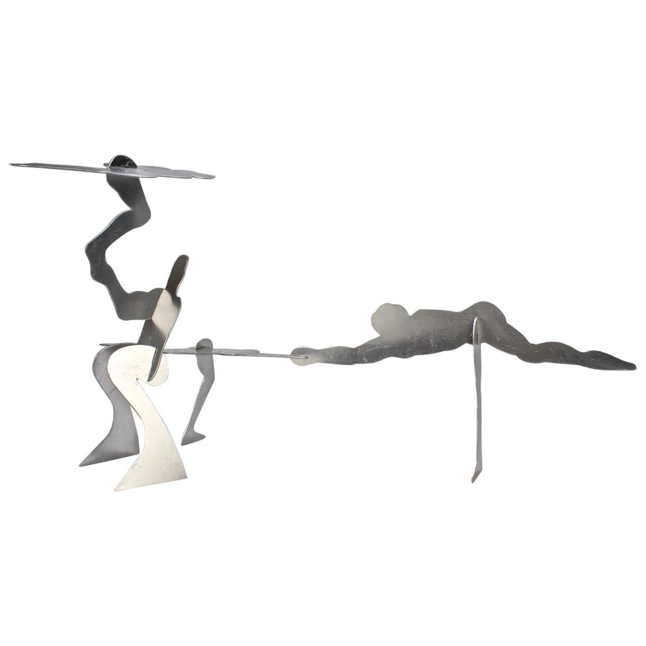 2 William King Midcentury Modernist Aluminum Puzzle Sculptures of Acrobats For Sale