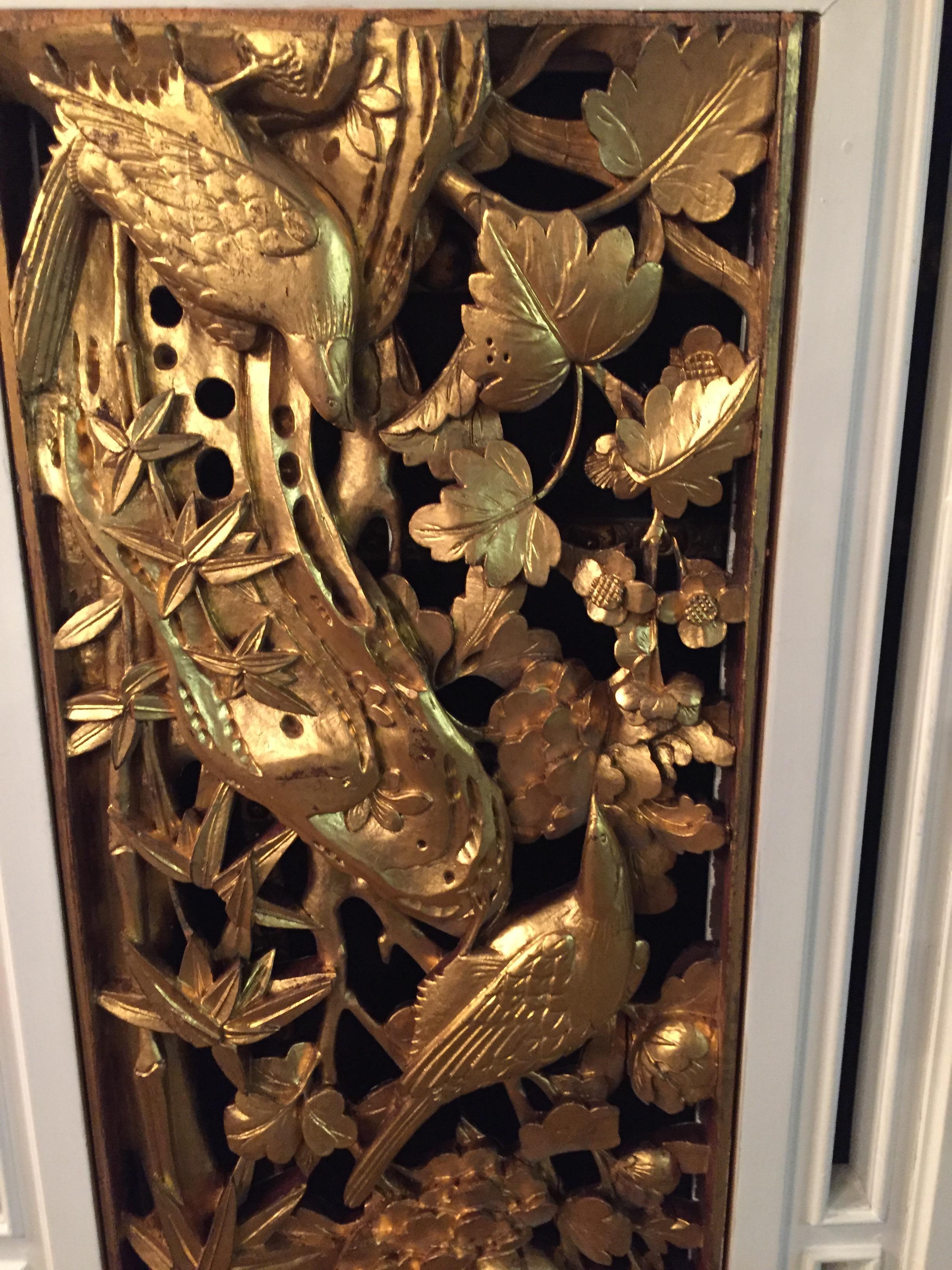 German 2 Window Doors/Panels with Carved Birds Gilded For Sale