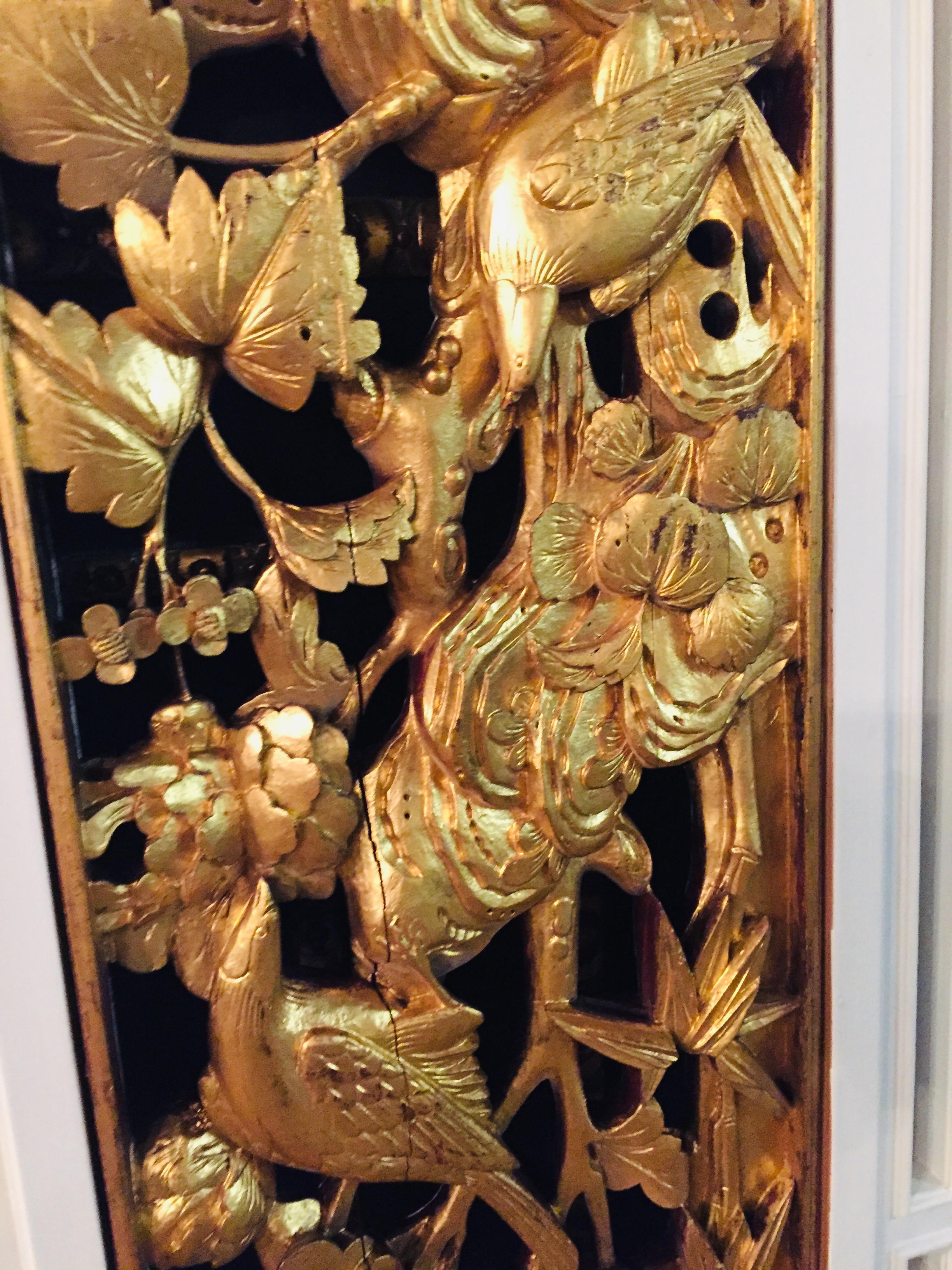 Hand-Carved 2 Window Doors/Panels with Carved Birds Gilded For Sale