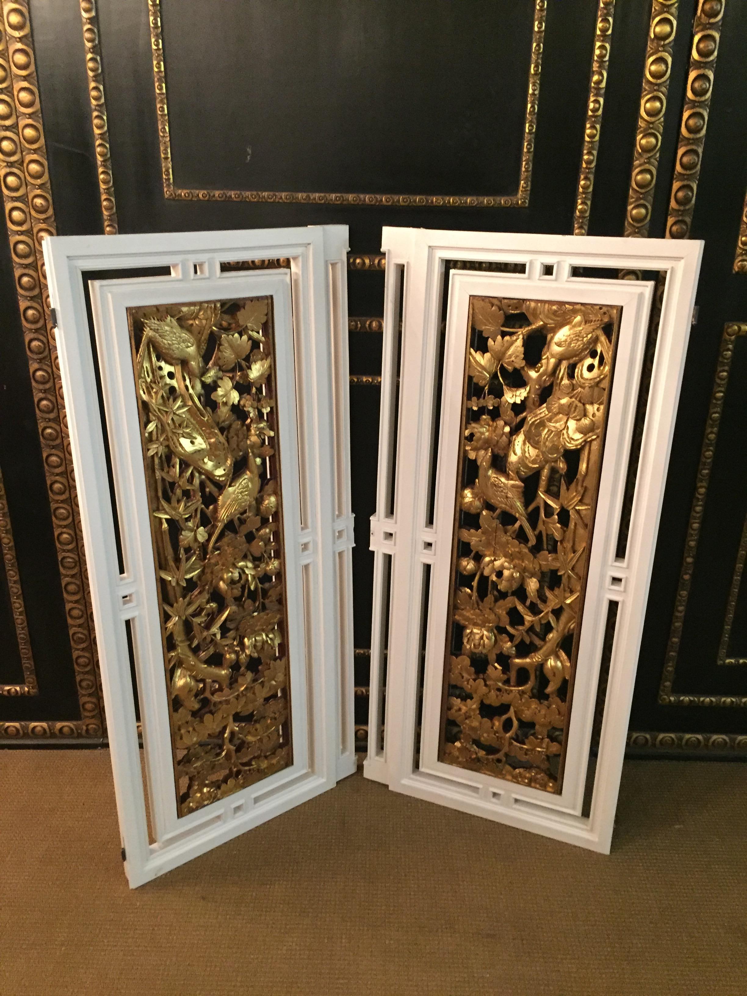 Wood 2 Window Doors/Panels with Carved Birds Gilded For Sale