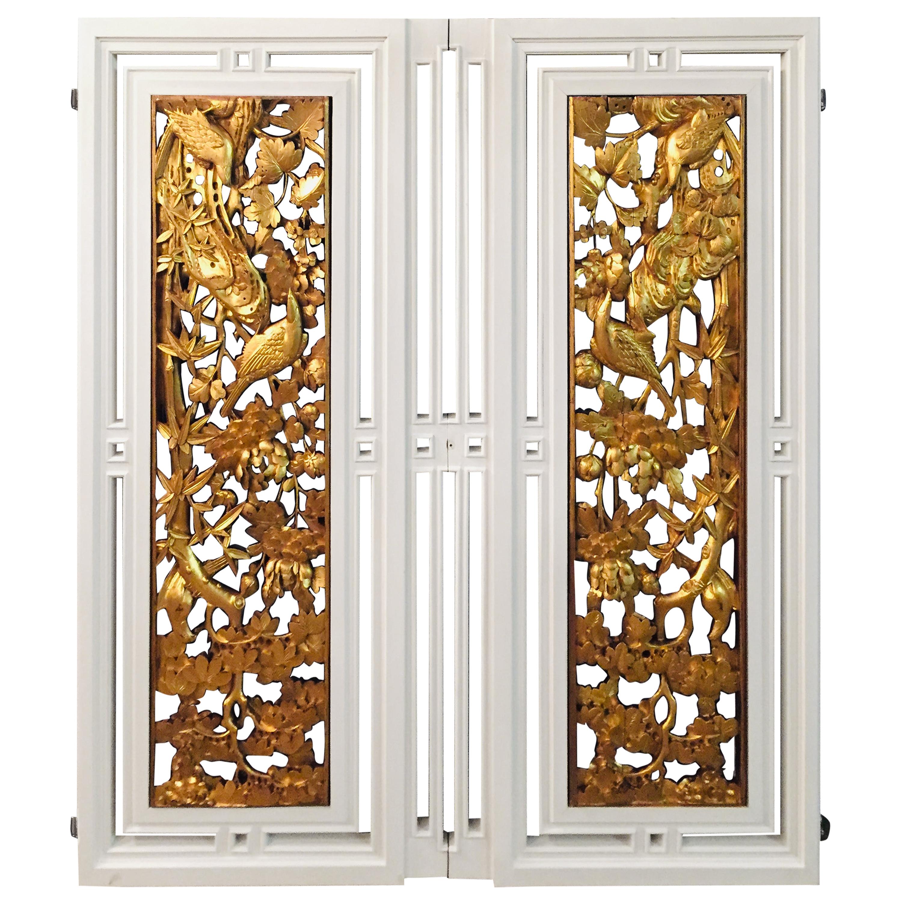 2 Window Doors/Panels with Carved Birds Gilded For Sale