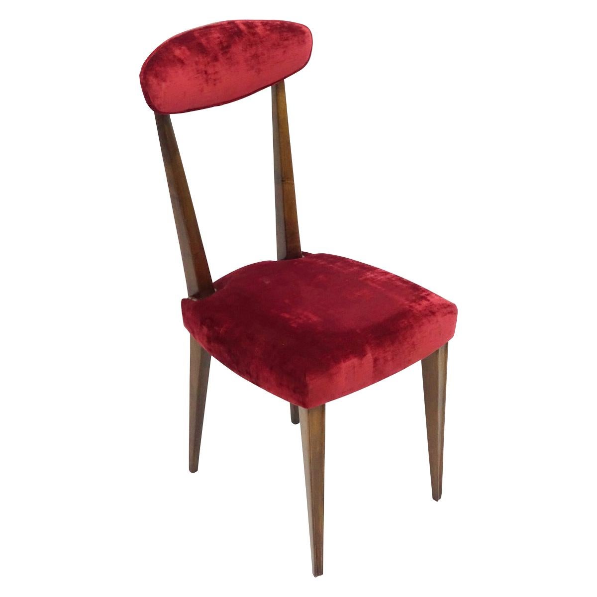 International Style 2 Wood Side Chairs Burgundy with Velvet Back and Seat in the Manner of Gio Ponti