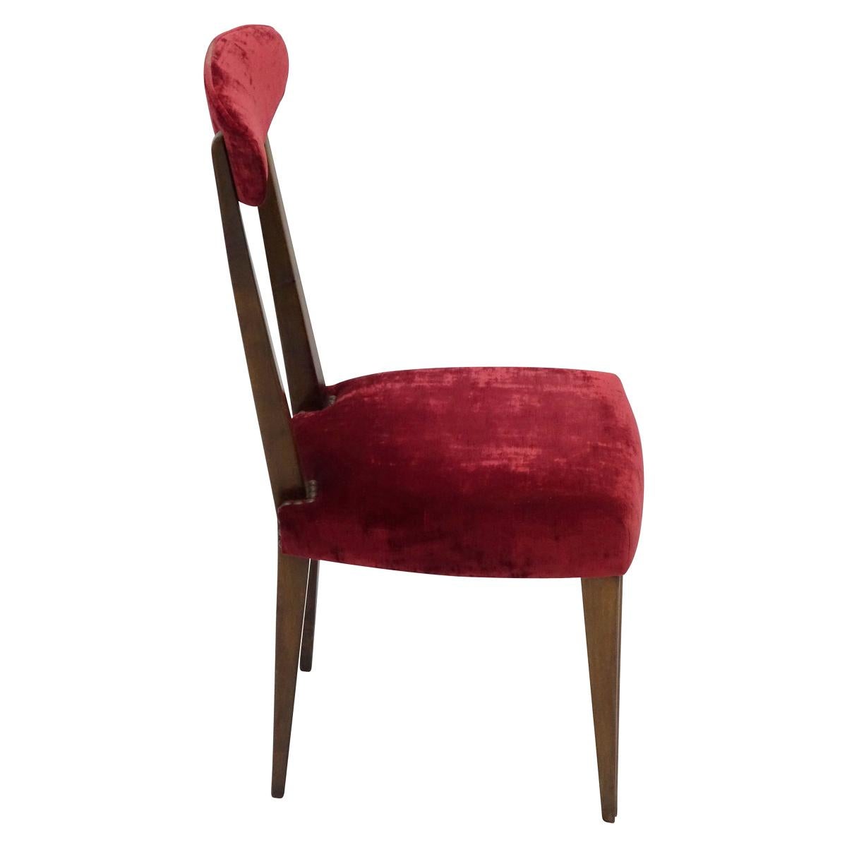 Italian 2 Wood Side Chairs Burgundy with Velvet Back and Seat in the Manner of Gio Ponti