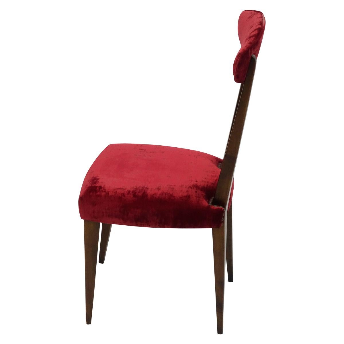 Mid-20th Century 2 Wood Side Chairs Burgundy with Velvet Back and Seat in the Manner of Gio Ponti