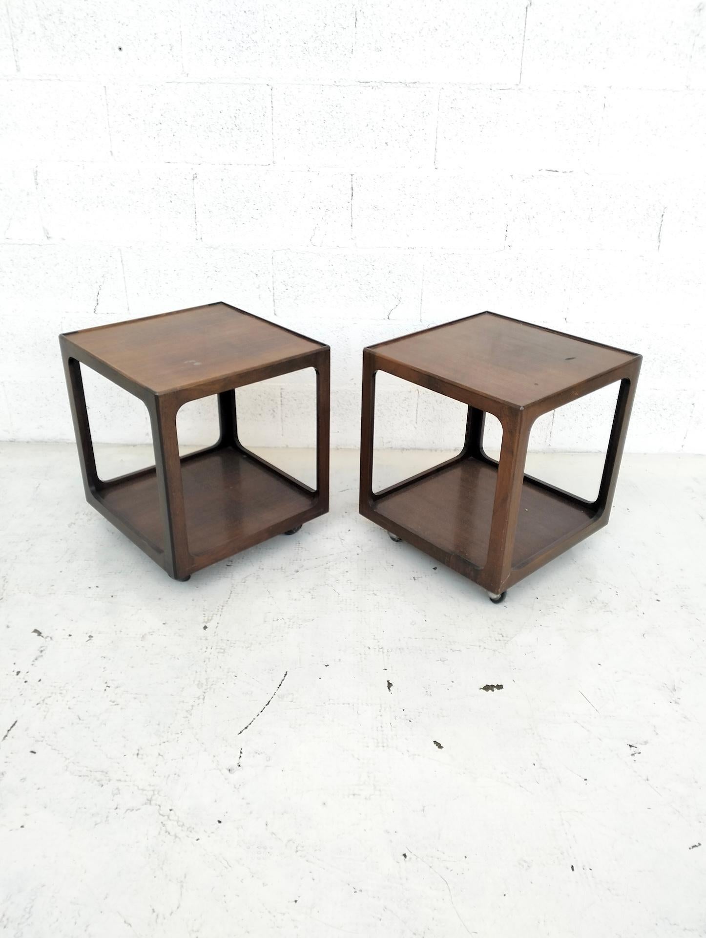 Mid-Century Modern 2 wooden midcentury side tables with wheels, trolleys 1960s For Sale