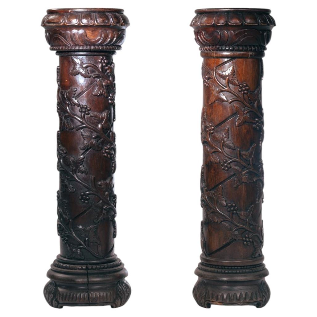Art Nouveau Walnut Pedestal Column, Antique French Design, 1950s