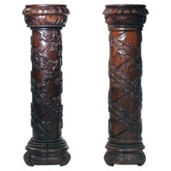 Columna de 2 pedestales de madera con motivo de parra tallado a mano, Francia Años 50