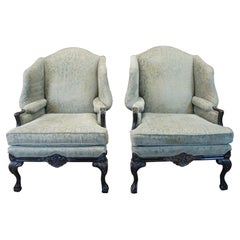 Vintage 2 Woodmark English George III Style Oversized Wingback Arm Library Club Chairs
