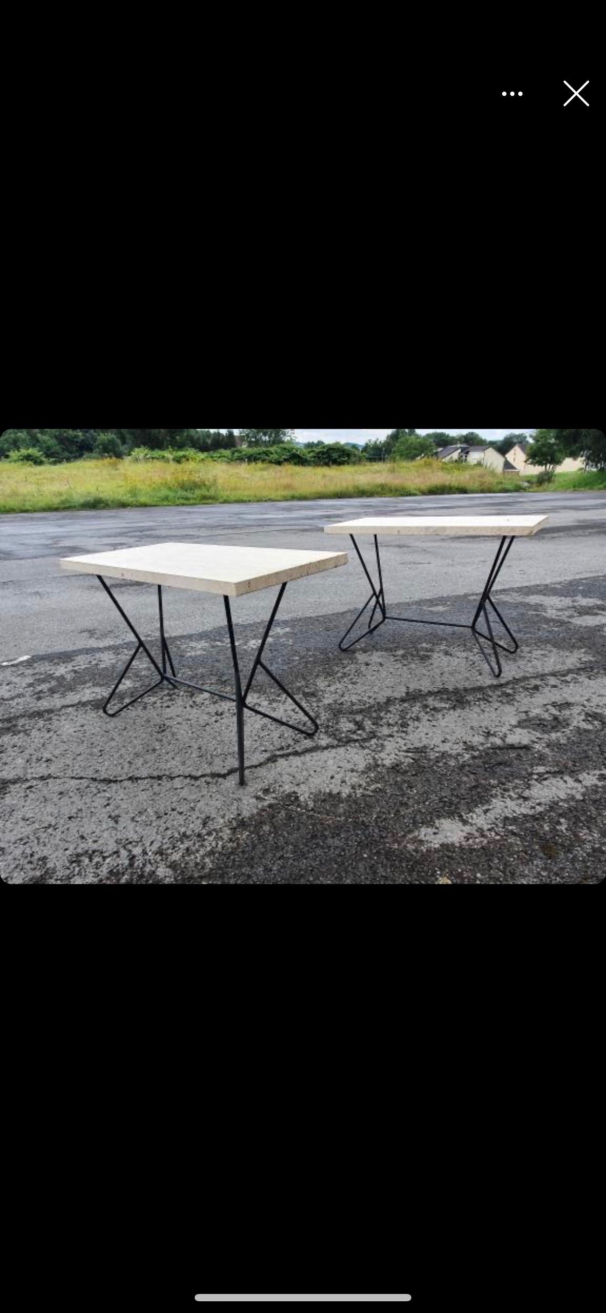 2 wrought iron console tables, travertine tops circa 1950/1960 
tray thickness: 4cm.