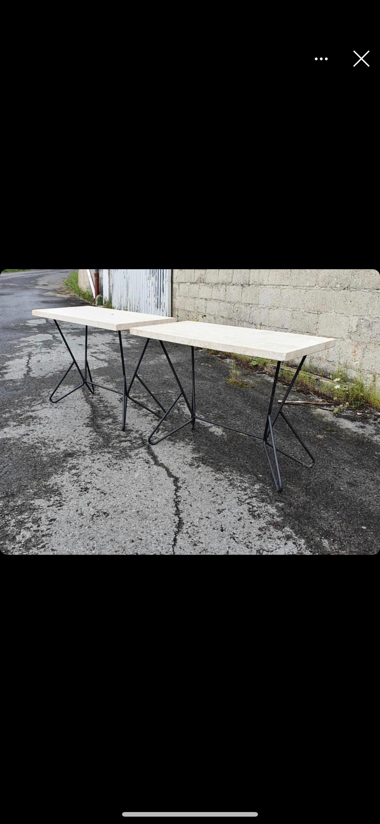 Mid-Century Modern 2 Wrought Iron Console Tables, Travertine Tops circa 1950/1960 For Sale