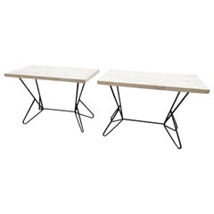 2 Tavoli da console in ferro battuto, piani in travertino 1950/1960 circa