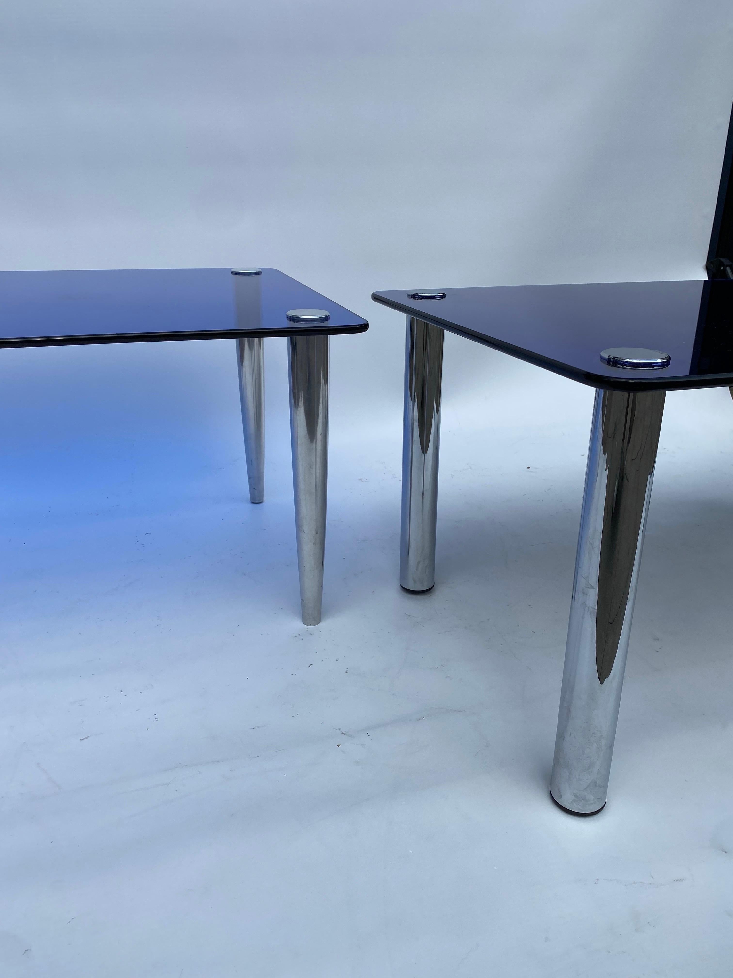 2 x 1950s Fontana Arte Blue Mirror Glass Rectangular Coffee Table Chrome Italian For Sale 4