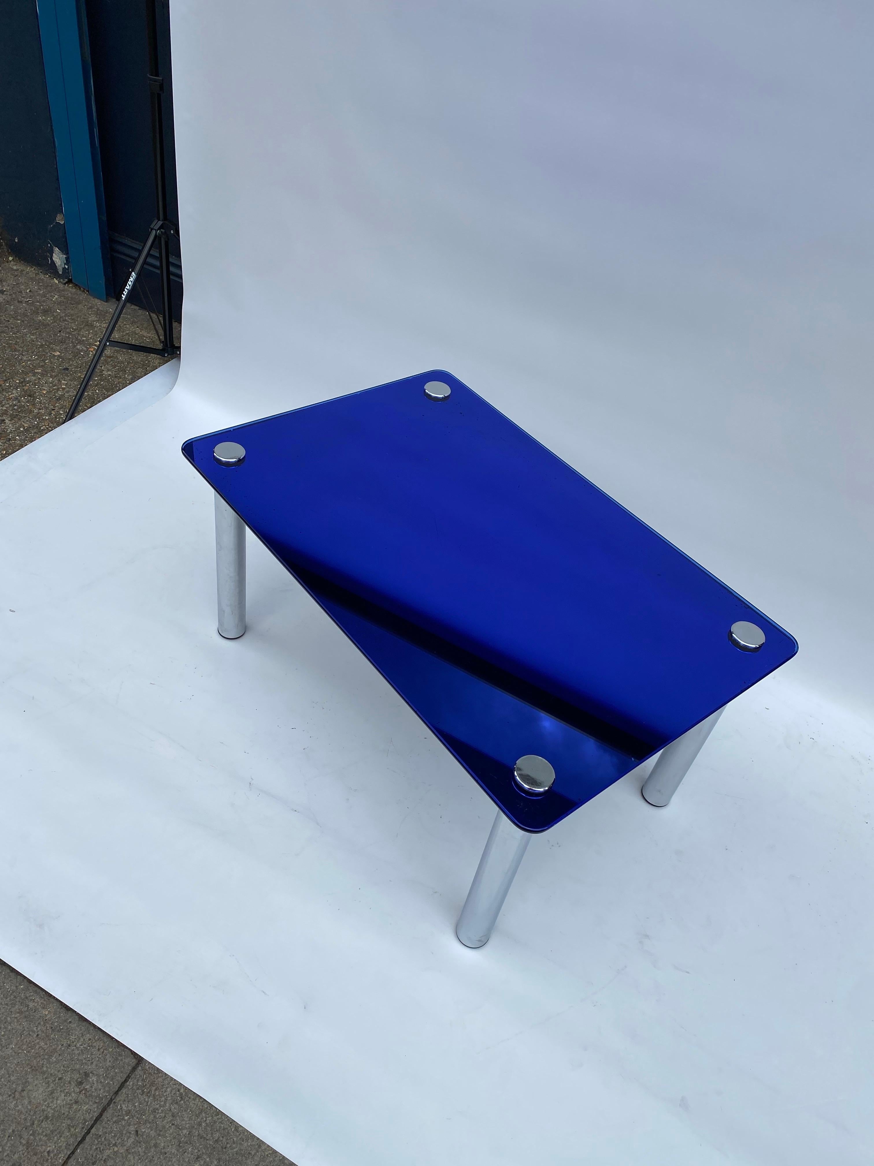 2 x 1950s Fontana Arte Blue Mirror Glass Rectangular Coffee Table Chrome Italian im Angebot 10