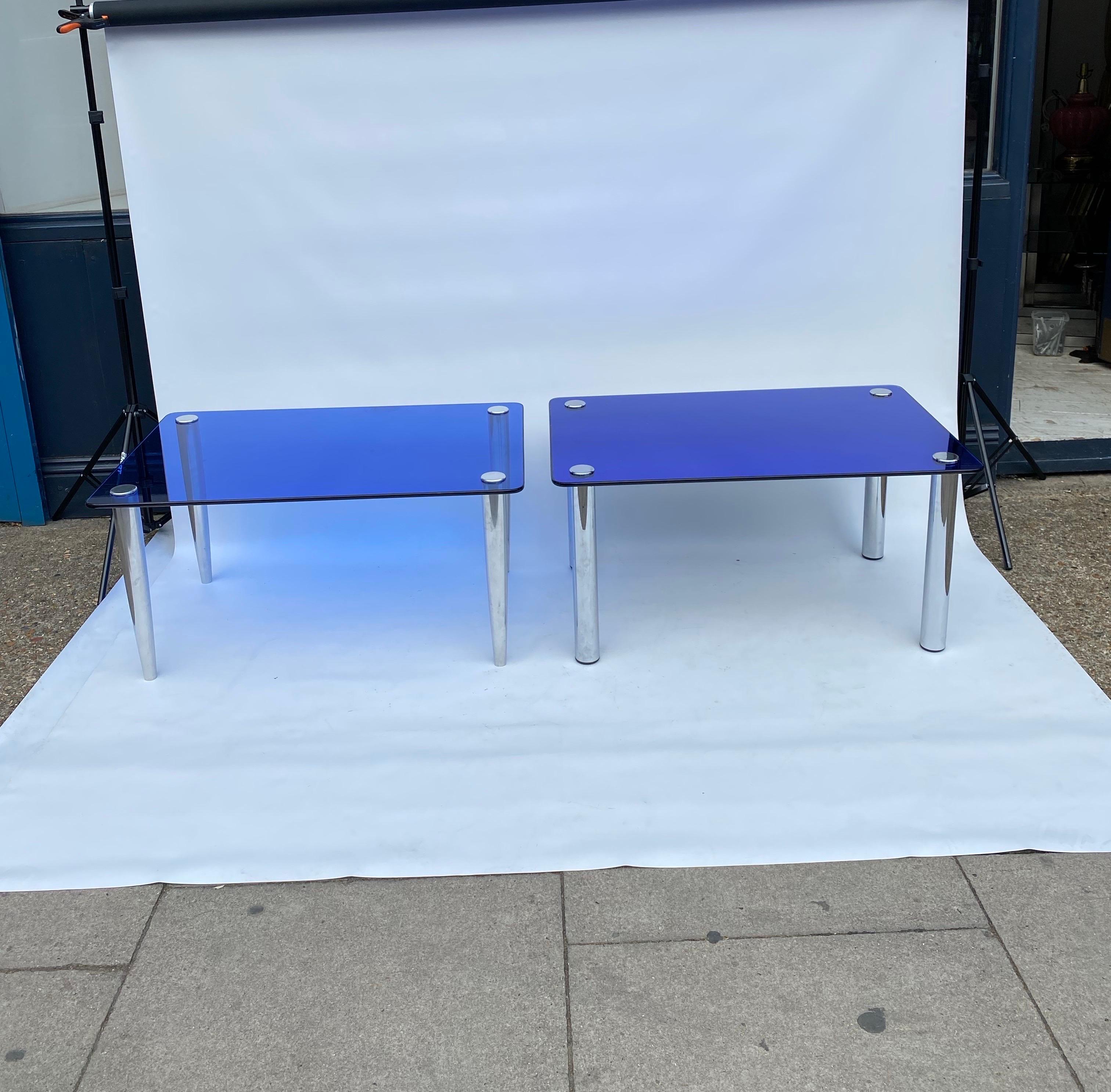 2 x 1950s Fontana Arte Blue Mirror Glass Rectangular Coffee Table Chrome Italian In Good Condition For Sale In London, GB