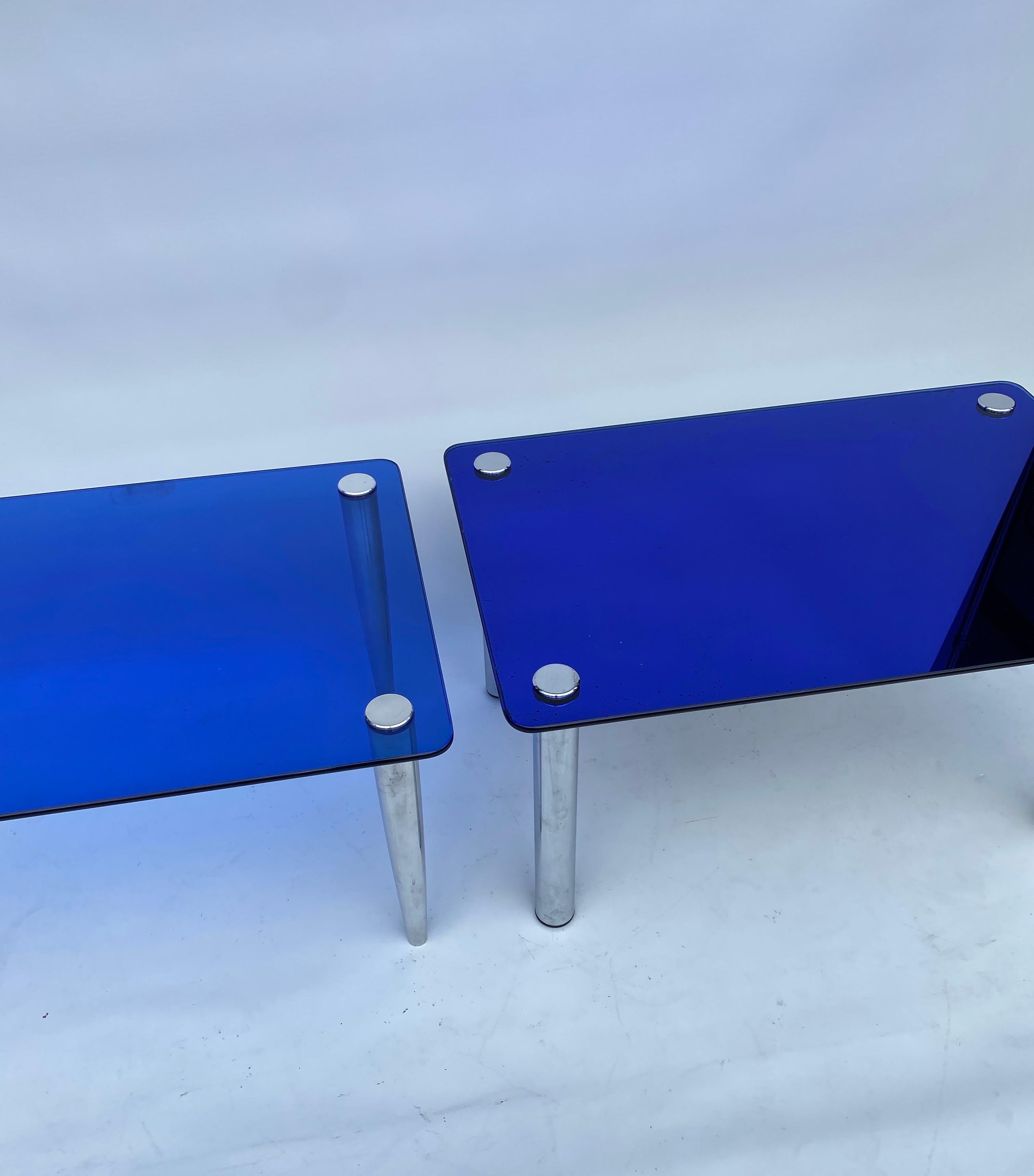 Metal 2 x 1950s Fontana Arte Blue Mirror Glass Rectangular Coffee Table Chrome Italian For Sale