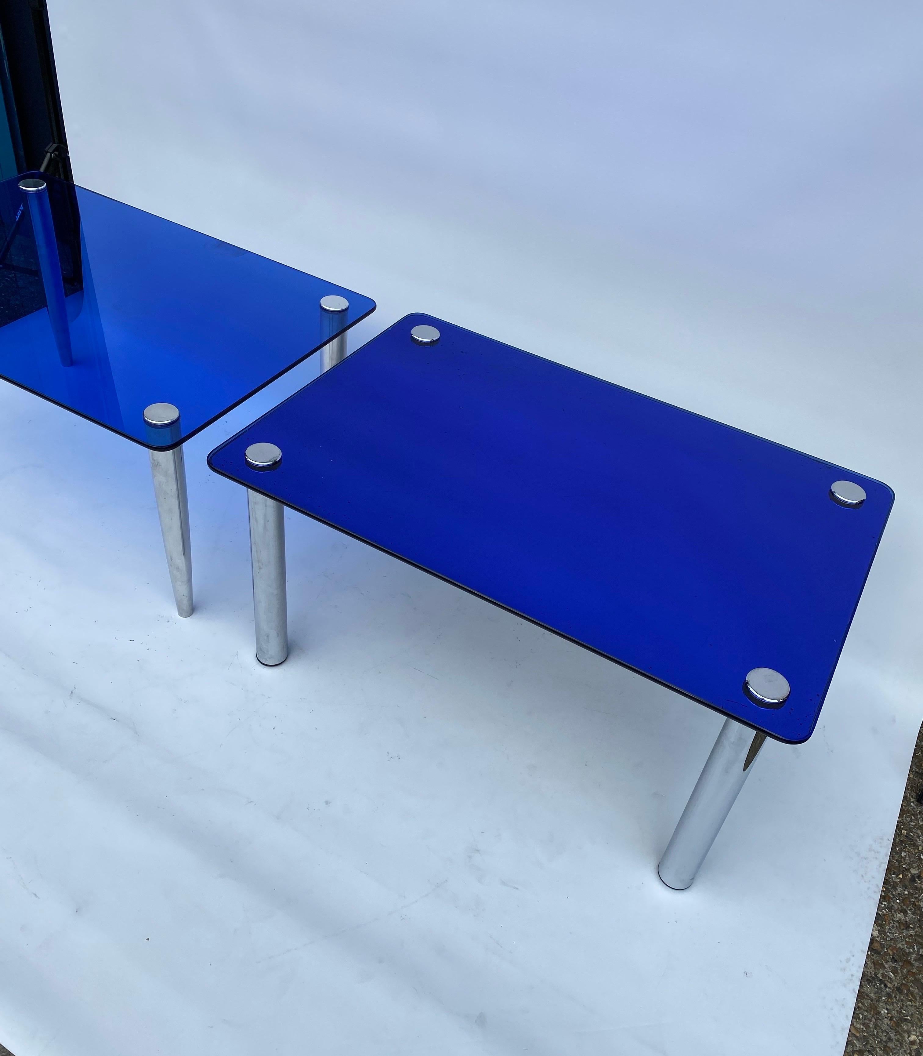 2 x 1950s Fontana Arte Blue Mirror Glass Rectangular Coffee Table Chrome Italian For Sale 1