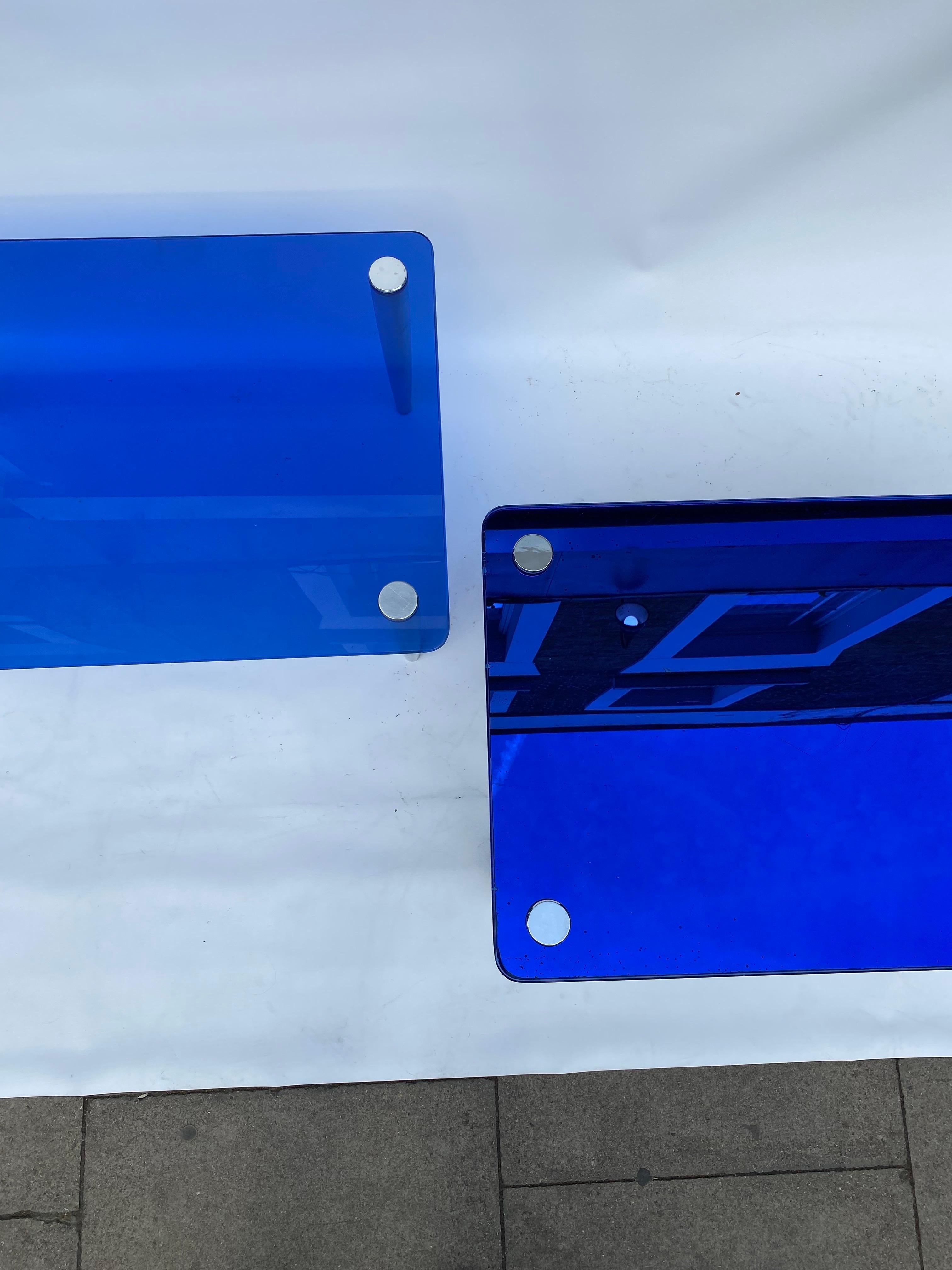 2 x 1950s Fontana Arte Blue Mirror Glass Rectangular Coffee Table Chrome Italian For Sale 3