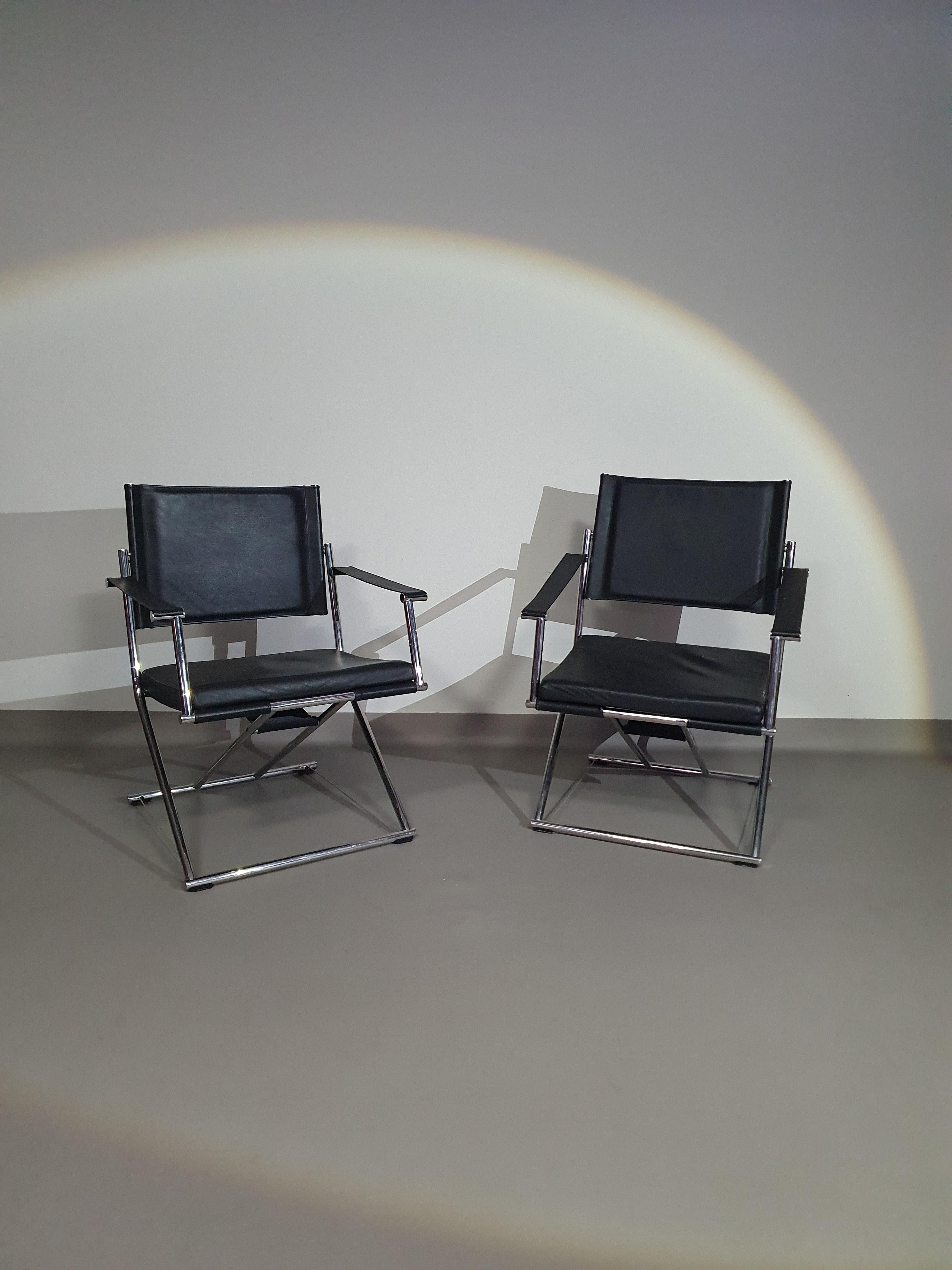 2 x 1986 Mark Singer EUROKA Leather/ Campaign Folding Chair Glider MOMA Modern For Sale 3